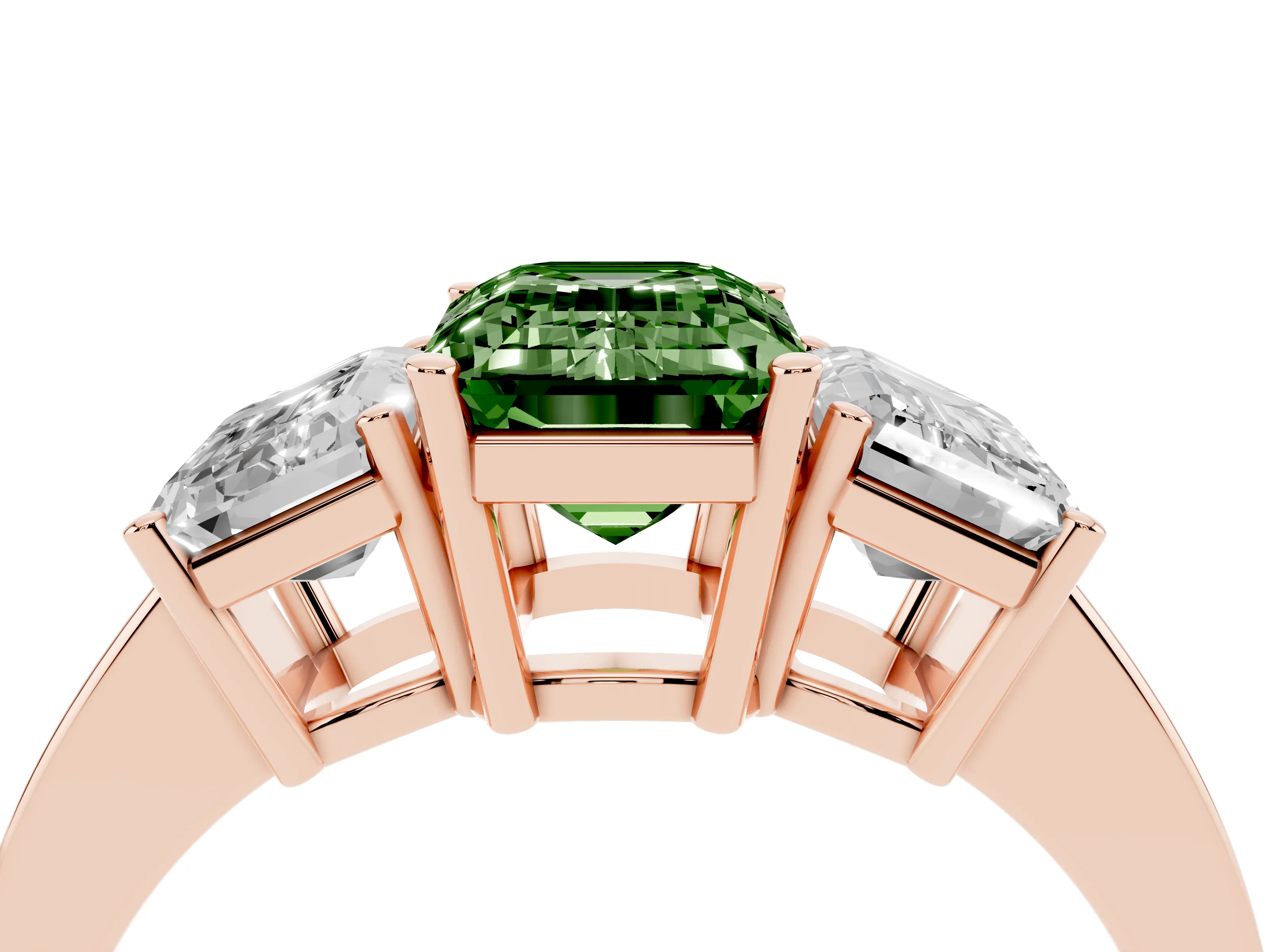 Fancy Green Emerald Cut Diamond Three-Stone Engagement Ring Set in Rose gold with Flat Band