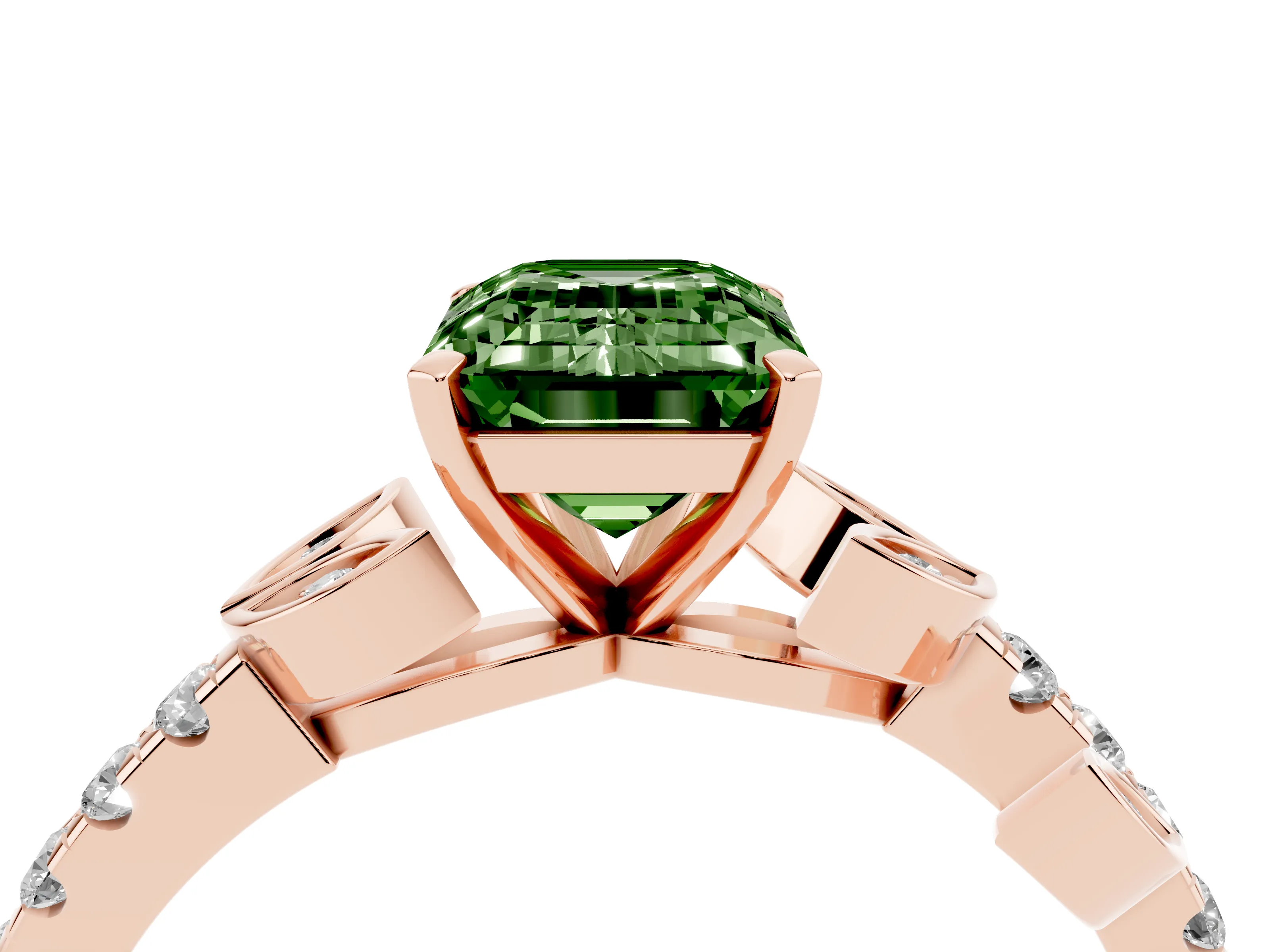 Fancy Green Emerald Cut Diamond Solitaire Leaf-Inspired Ring Set in Rose gold with Pavé Band and Prong Setting