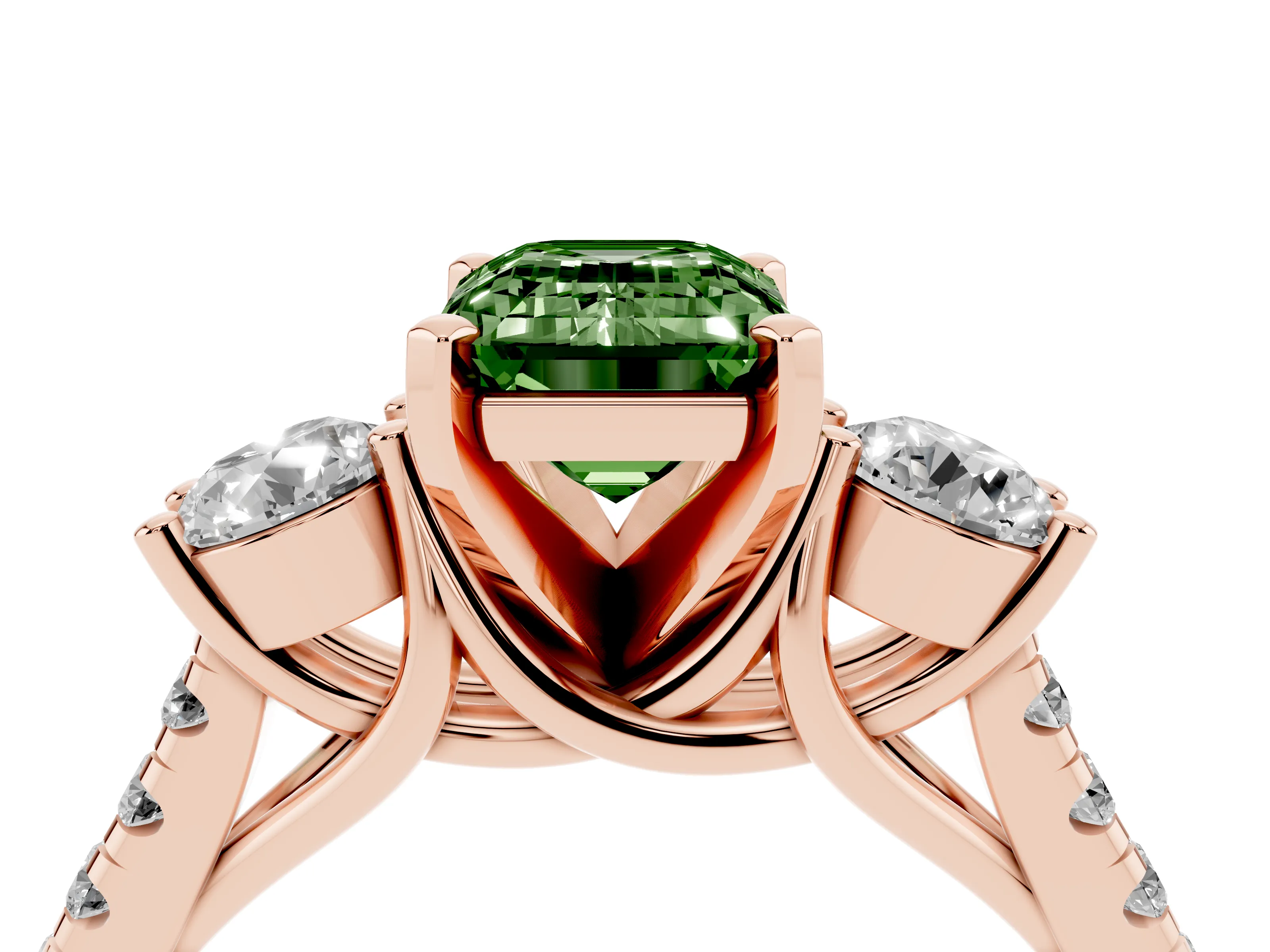 Fancy Green Three-Stone Emerald Cut Diamond Pavé Band Ring Set in Rose gold with Prong-Set Trio