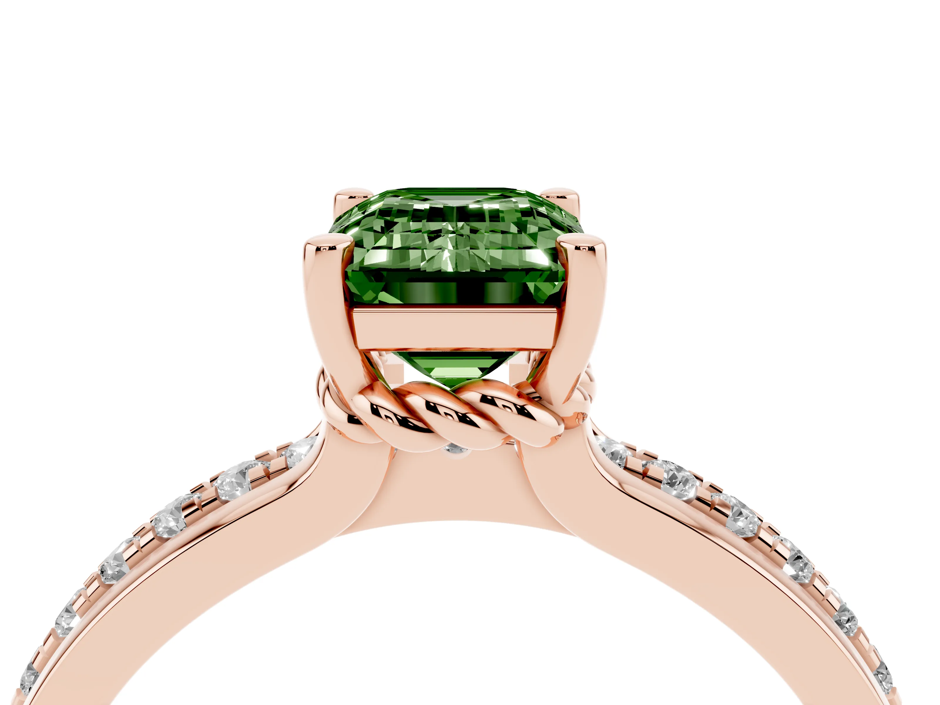 Fancy Green Emerald Cut Diamond Solitaire Ring Set in Rose gold with Channel Set Band and Prong Setting