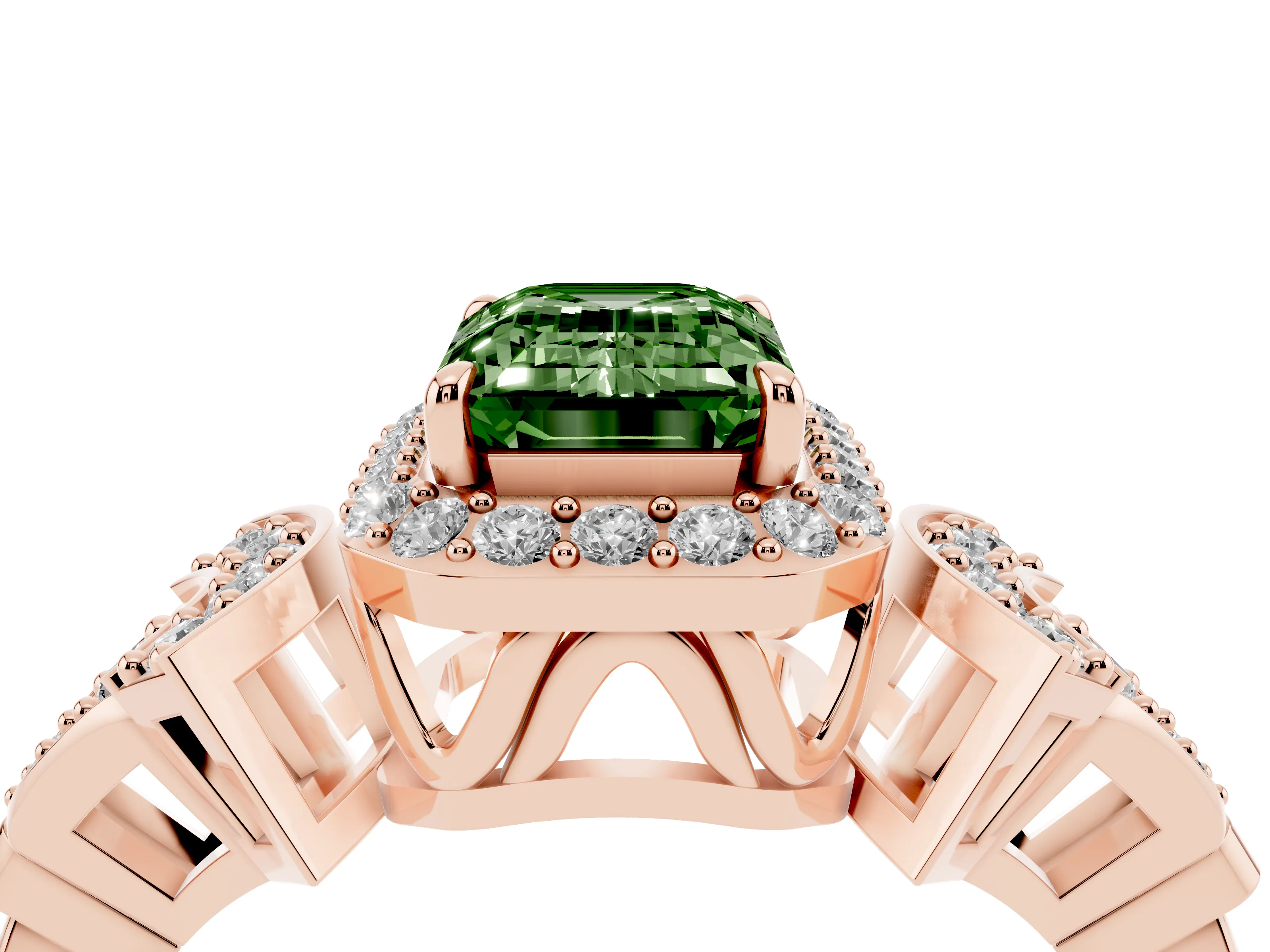 Fancy Green Emerald Cut Diamond Halo Engagement Ring Set in Rose gold with Accent Stone Split Shank