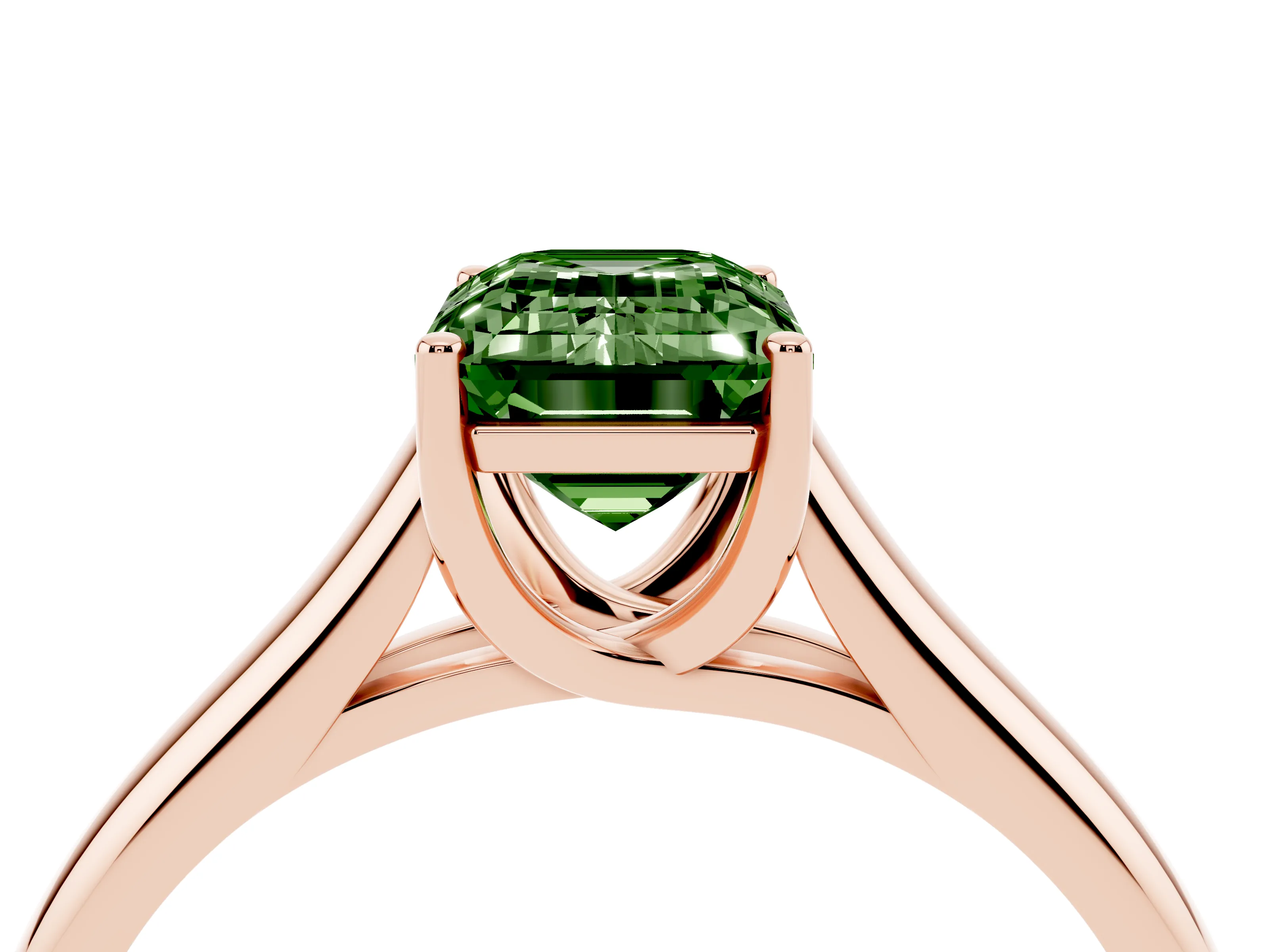 Fancy Green Emerald Cut Diamond Solitaire Engagement Ring Set in Rose gold with Subtly Tapered Band and Prong Setting