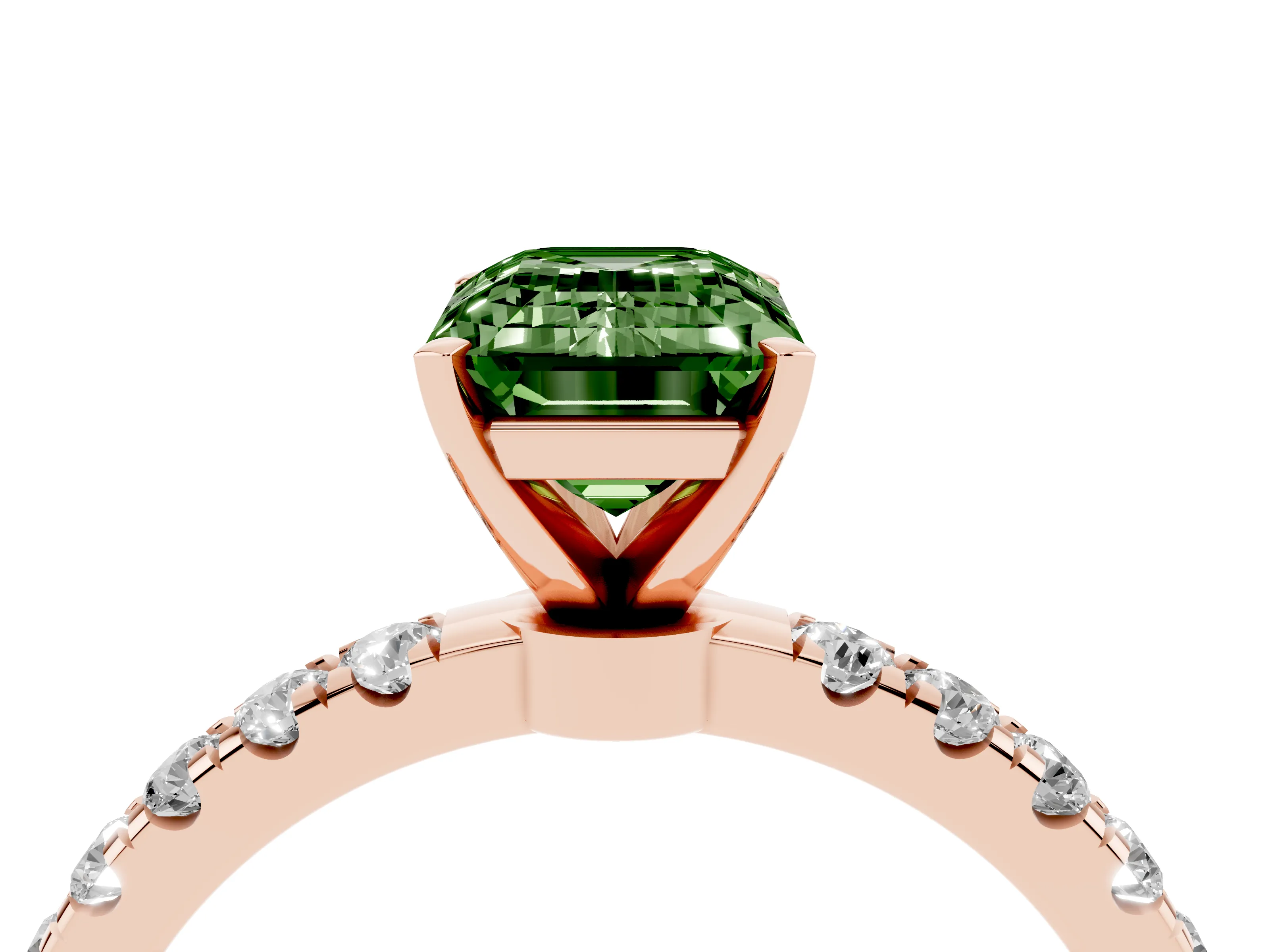Fancy Green Emerald Cut Diamond Solitaire Ring Set in Rose gold with Pavé Accents and Prong Setting