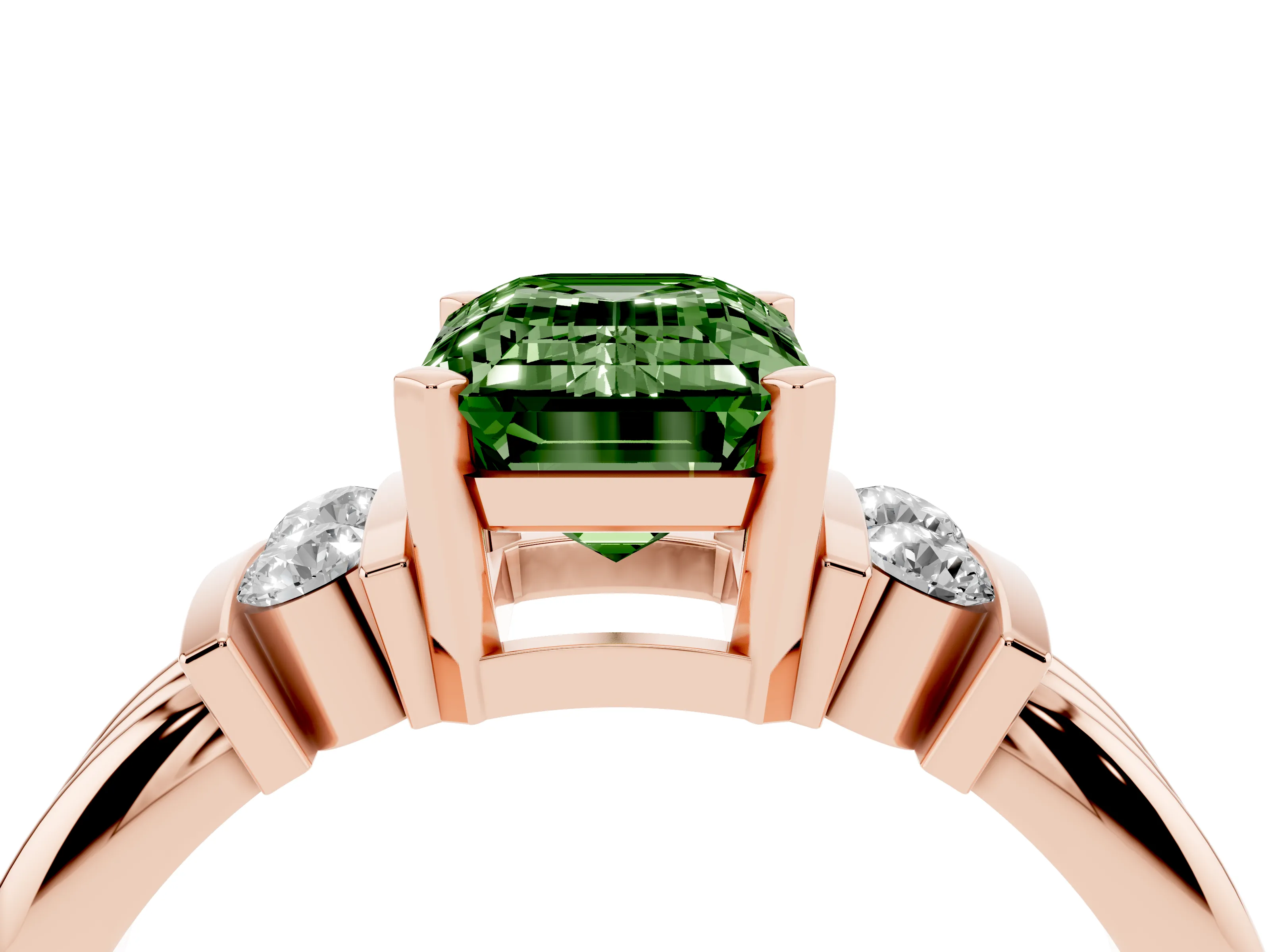 Fancy Green Three-Stone Emerald Cut Diamond Channel Set Ring Set in Rose gold with Bar Prongs
