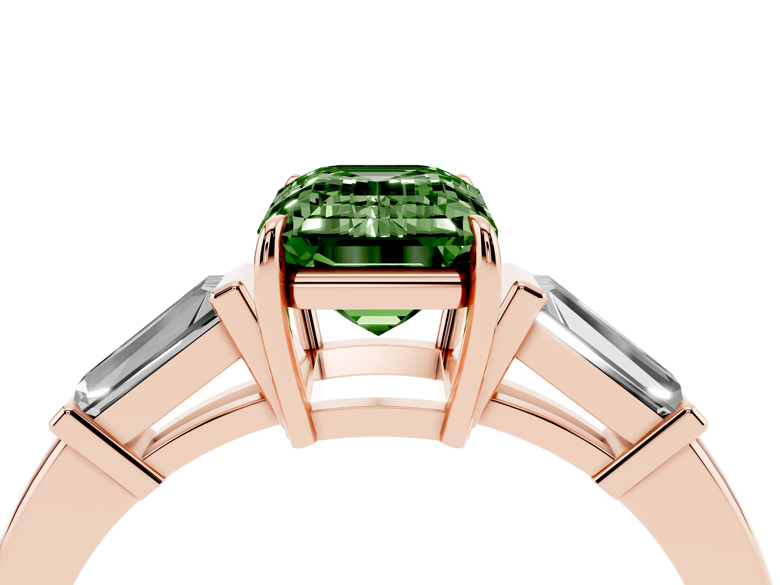 Fancy Green Emerald Cut Diamond Three-Stone Ring Set in Rose gold with Tapered Baguette Side Stones and Prong Setting