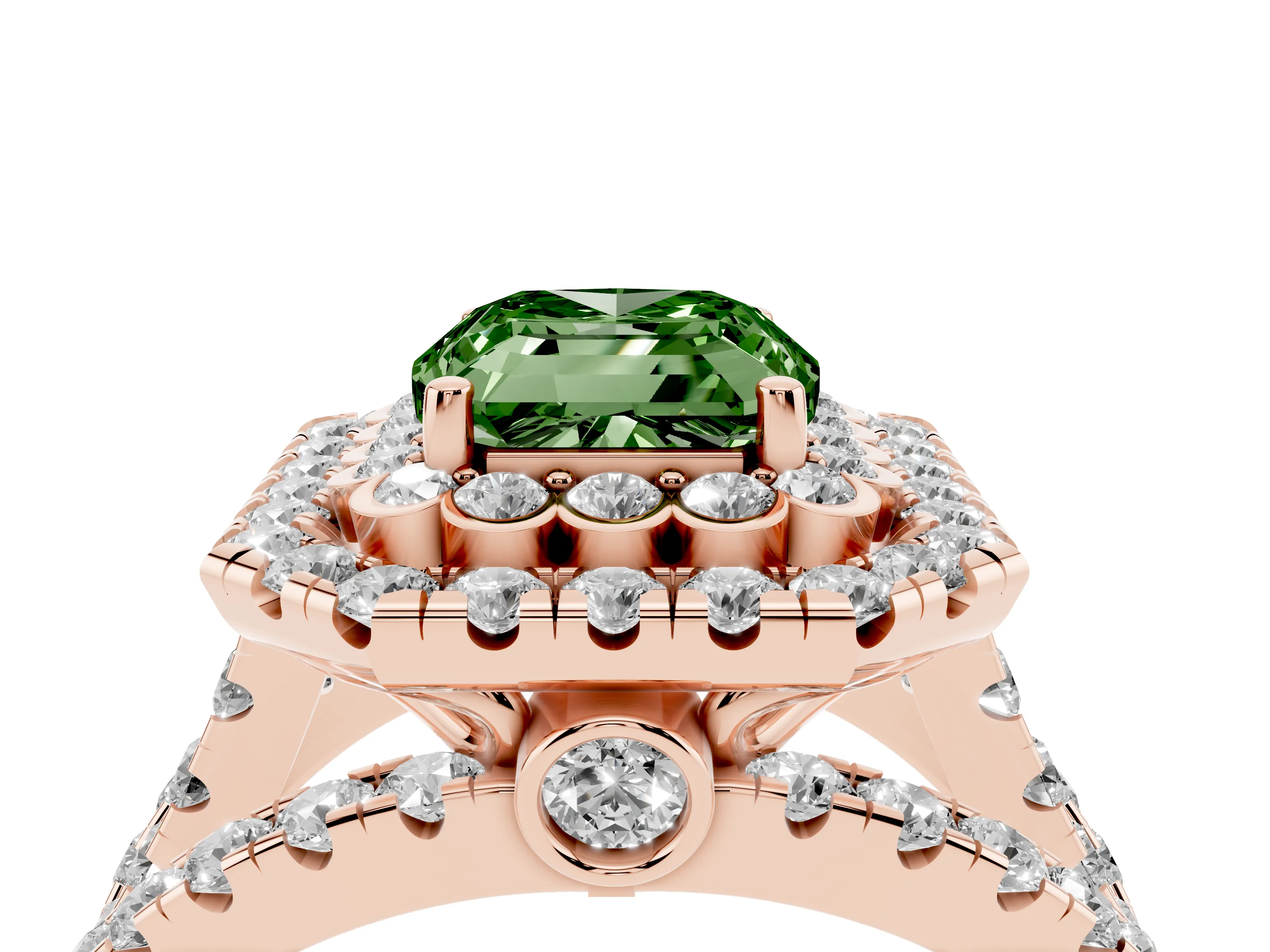 Fancy Green Emerald Cut Diamond Double Halo Ring Set in Rose gold with Round Pavé Split Shank