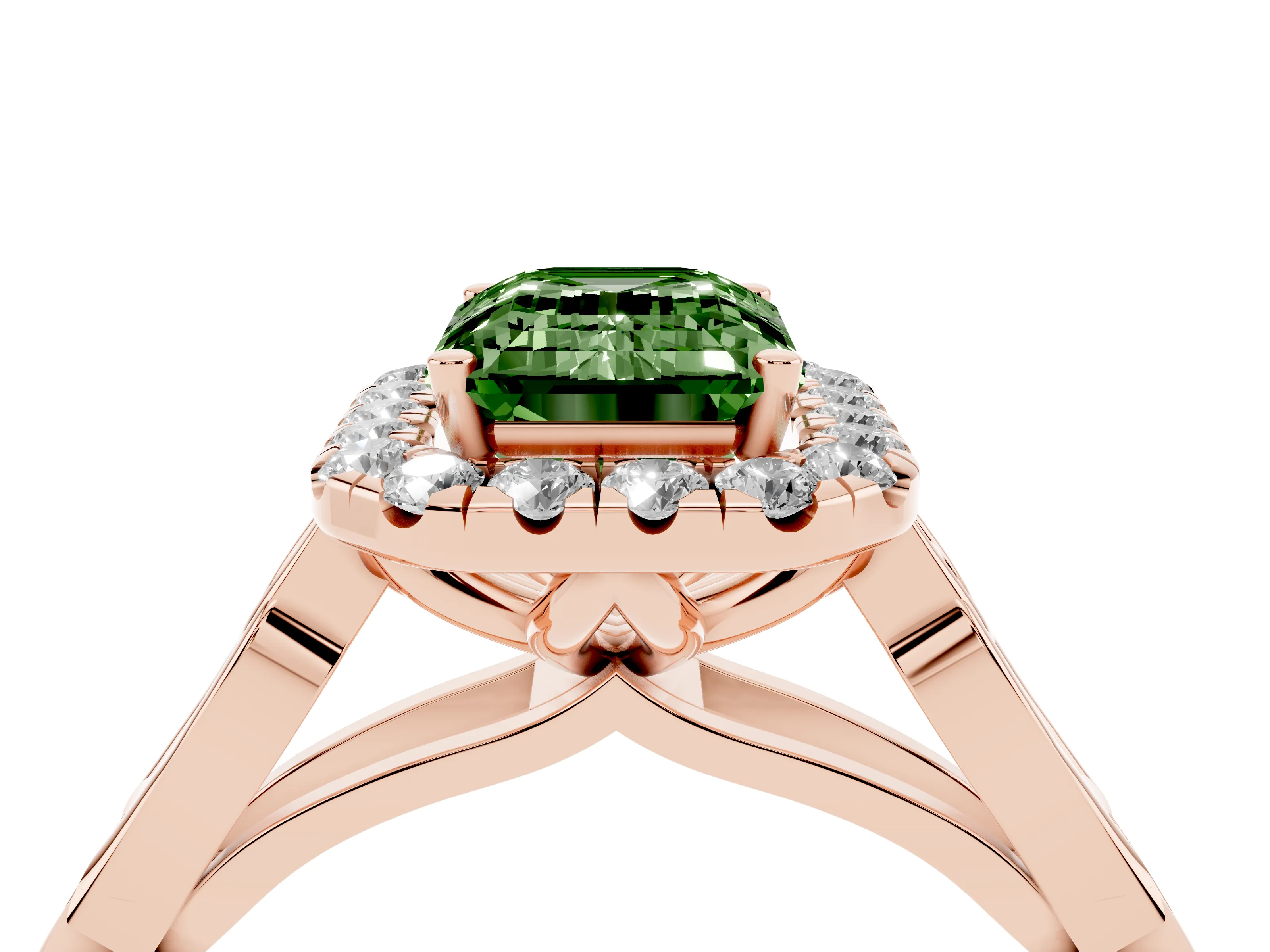 Fancy Green Emerald Cut Diamond Halo Engagement Ring Set in Rose gold with Filigree Band and Prong-Set Center