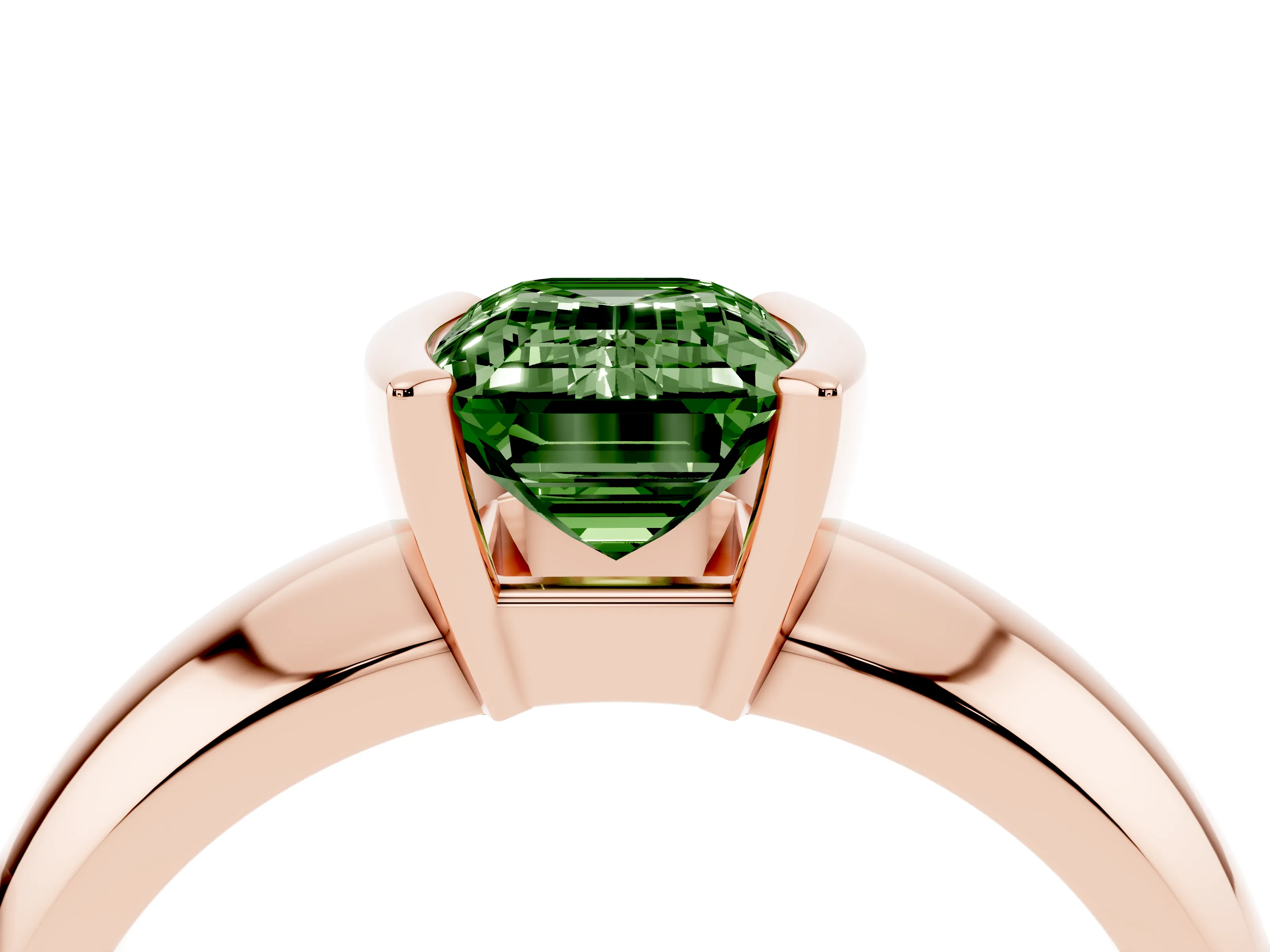 Fancy Green Emerald Cut Diamond Solitaire Tension Set Ring Set in Rose gold with Wide Band
