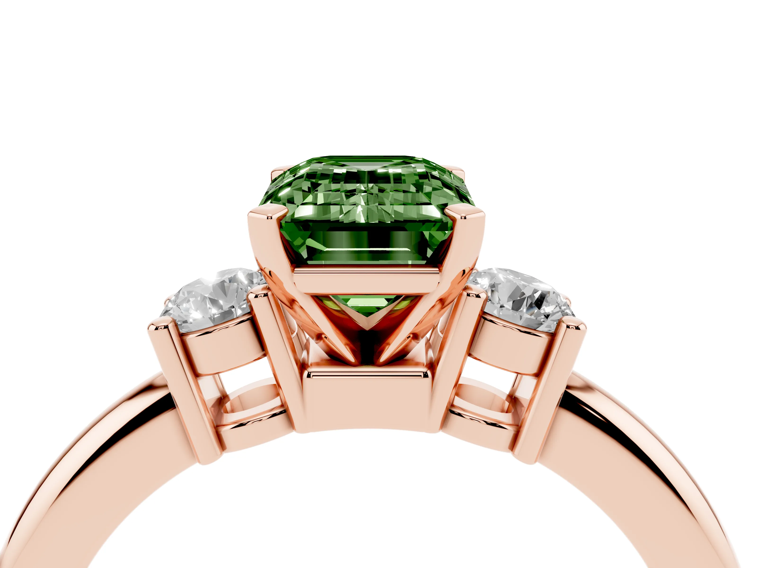 Fancy Green Three-Stone Emerald Cut Diamond Ring Set in Rose gold with Prong Setting and Plain Band