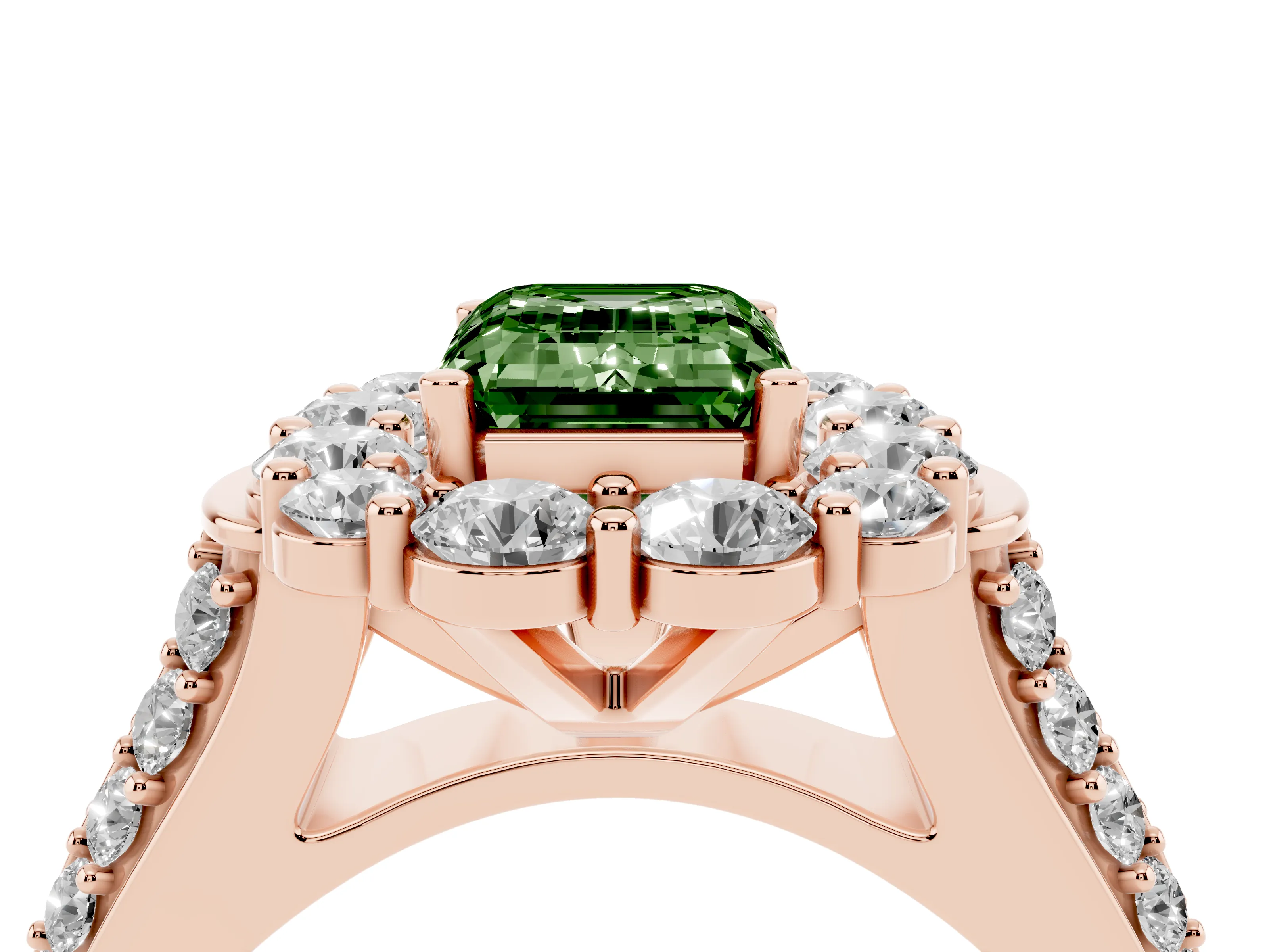 Fancy Green Emerald Cut Diamond Halo Engagement Ring Set in Rose gold with Split Shank and Prong Setting
