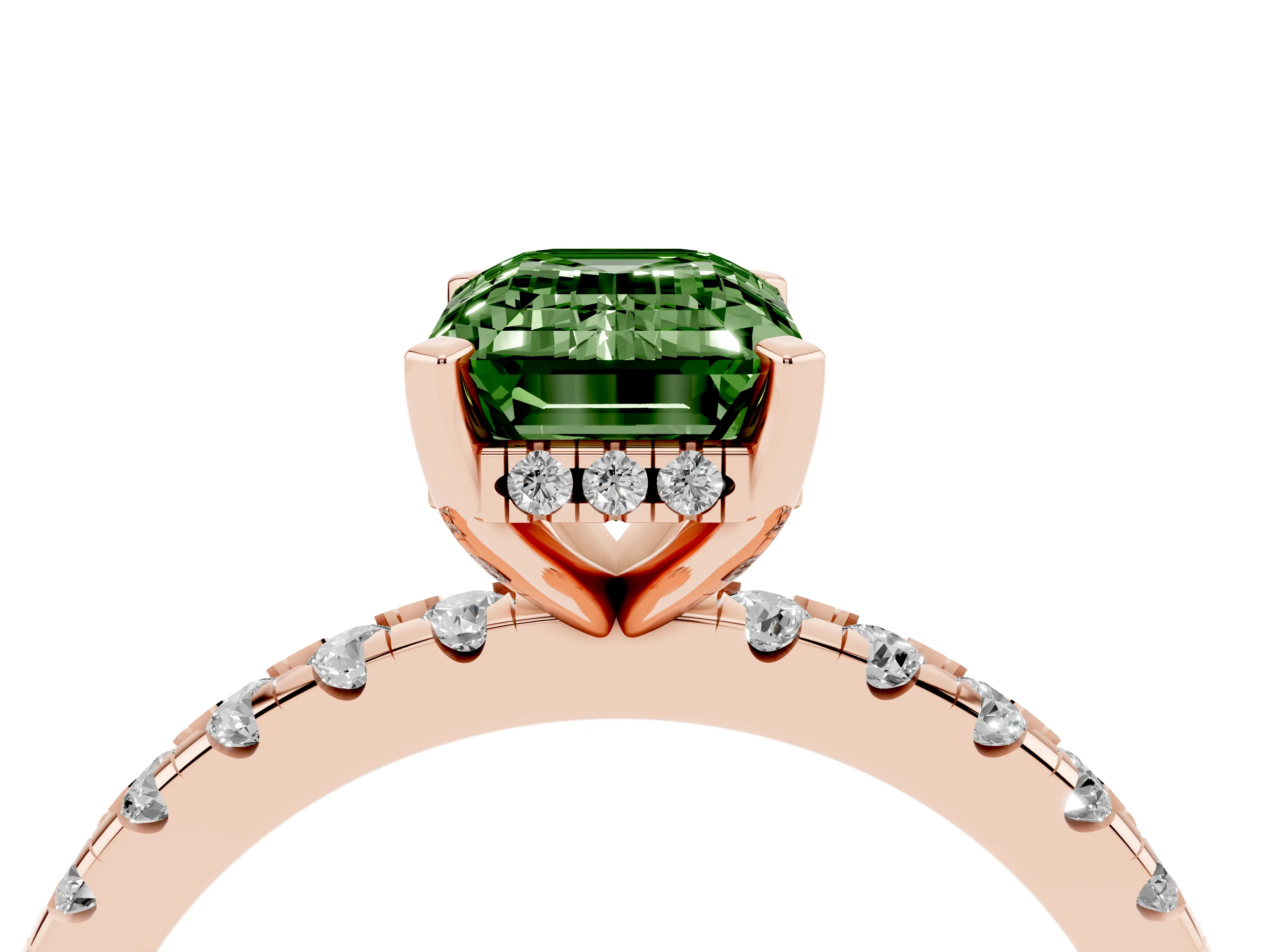 Fancy Green Emerald Cut Diamond Pavé Solitaire Ring Set in Rose gold with Round Band Accents and Prong Setting