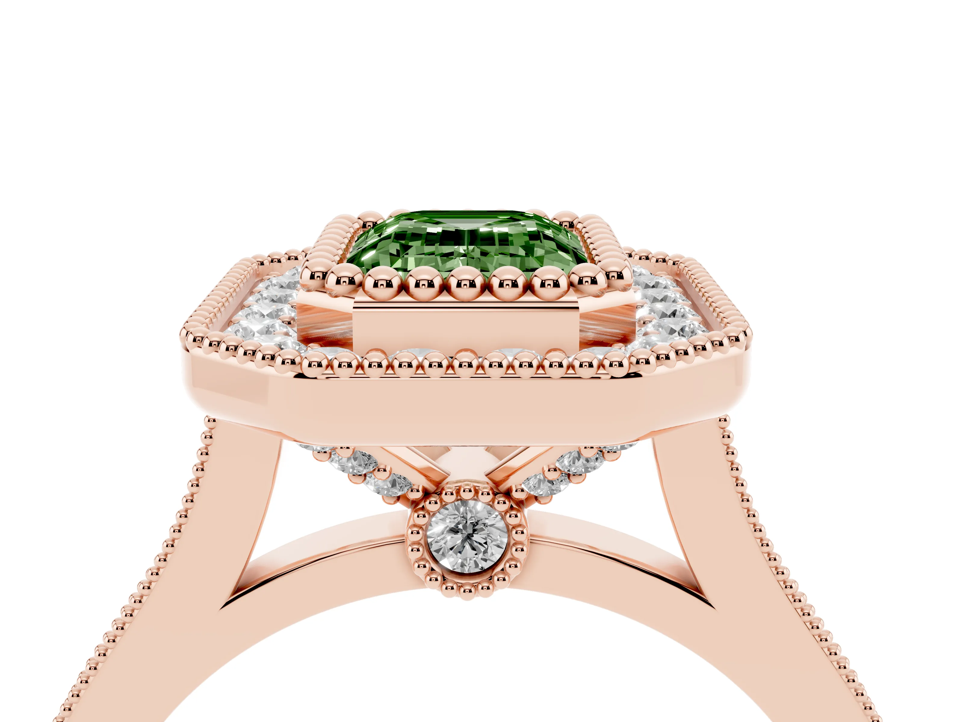 Fancy Green Emerald Cut Diamond Halo Ring Set in Rose gold with Milgrain Frame and Pavé Band