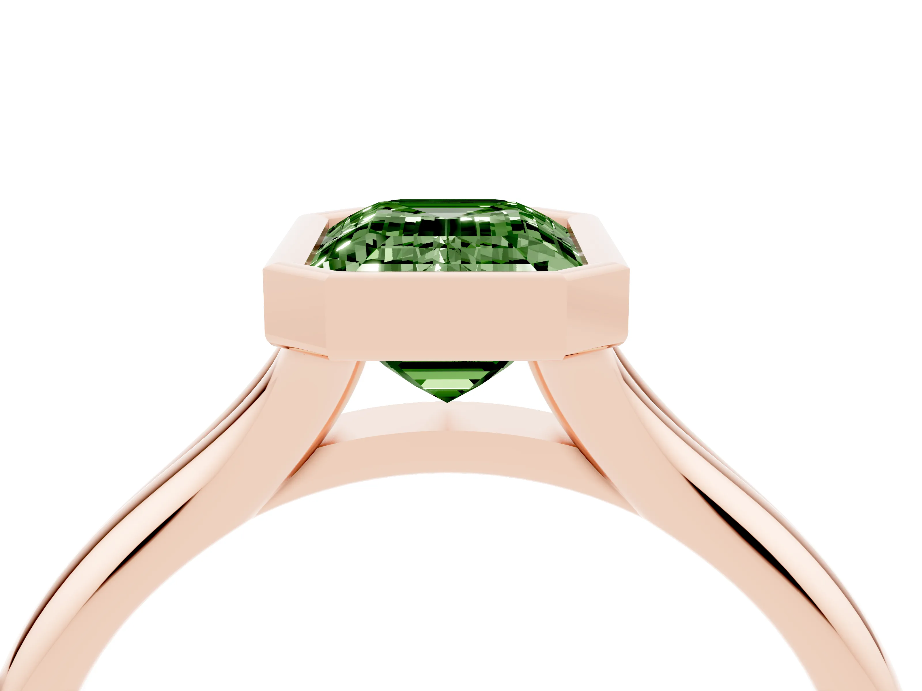 Fancy Green Bezel Set Emerald Cut Diamond Solitaire Ring Set in Rose gold with Smooth Band