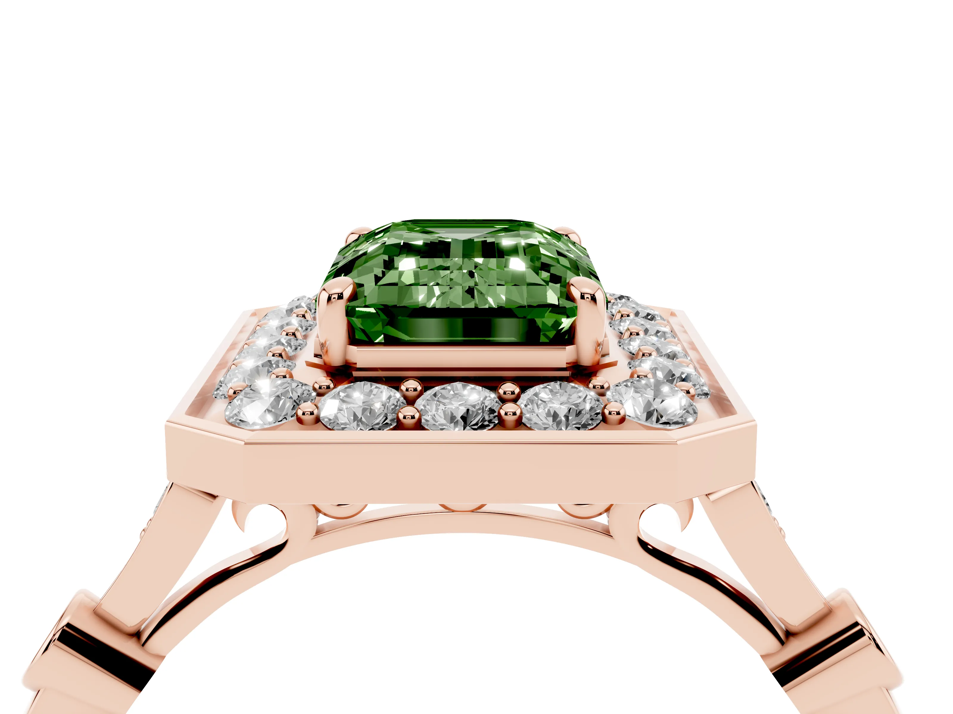 Fancy Green Emerald Cut Diamond Halo Engagement Ring Set in Rose gold with Twisted Band and Prong Setting