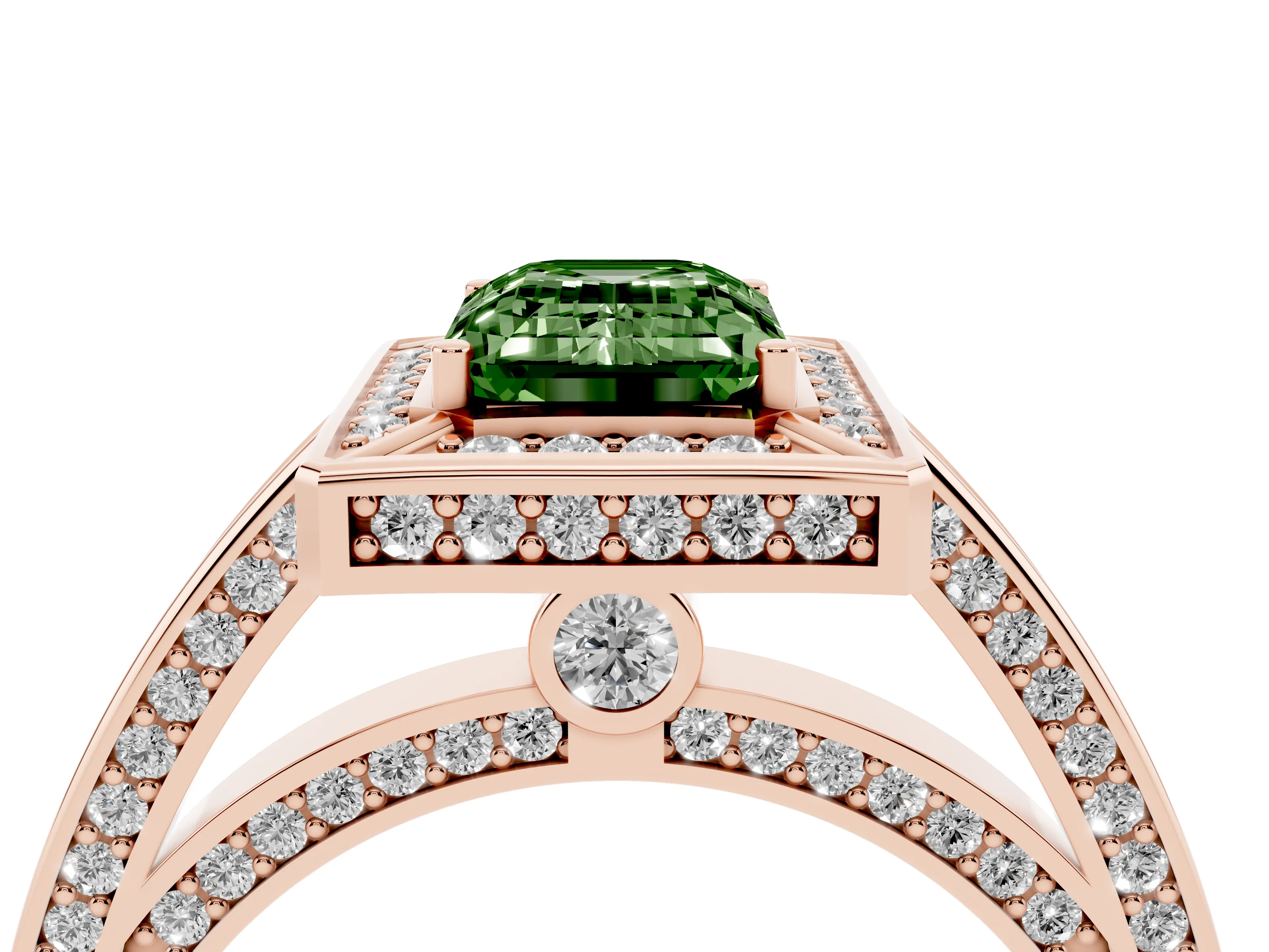 Fancy Green Emerald Cut Diamond Halo Pavé Split Shank Ring Set in Rose gold with Prong Setting