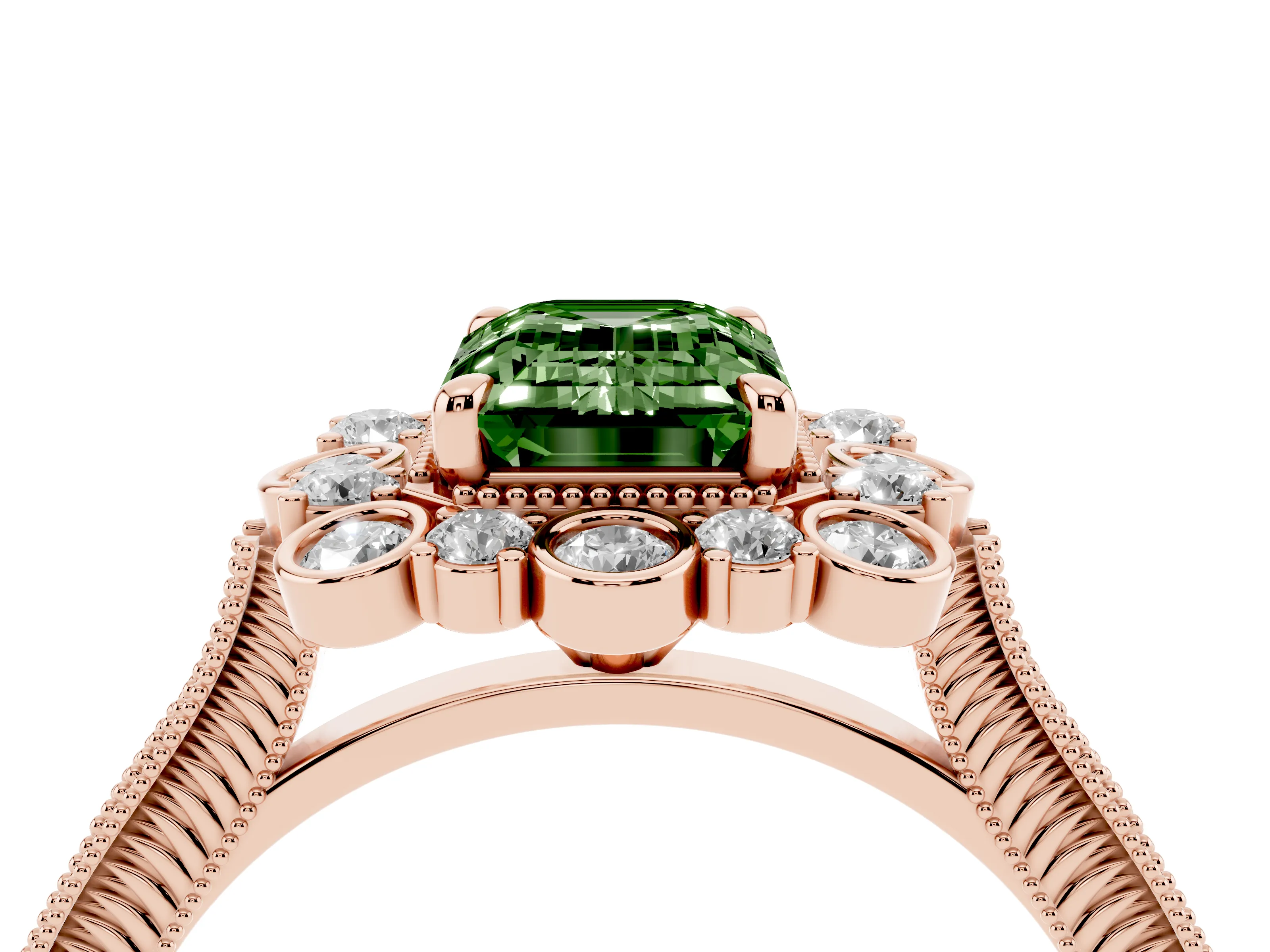 Fancy Green Emerald Cut Diamond Halo Milgrain Pavé Ring Set in Rose gold with Prong Setting