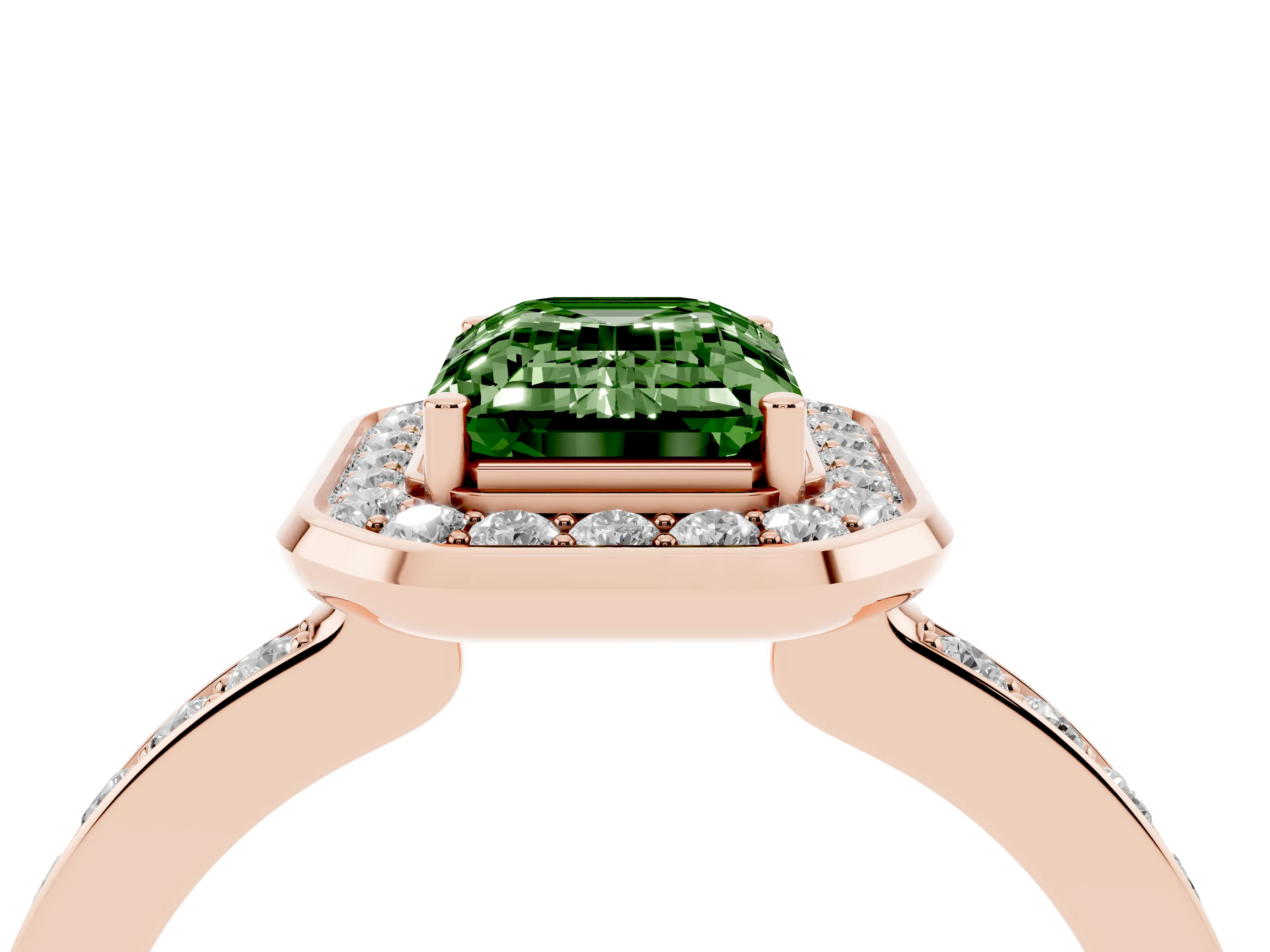 Fancy Green Emerald Cut Diamond Halo Ring Set in Rose gold with Bezel Frame and Pavé Band
