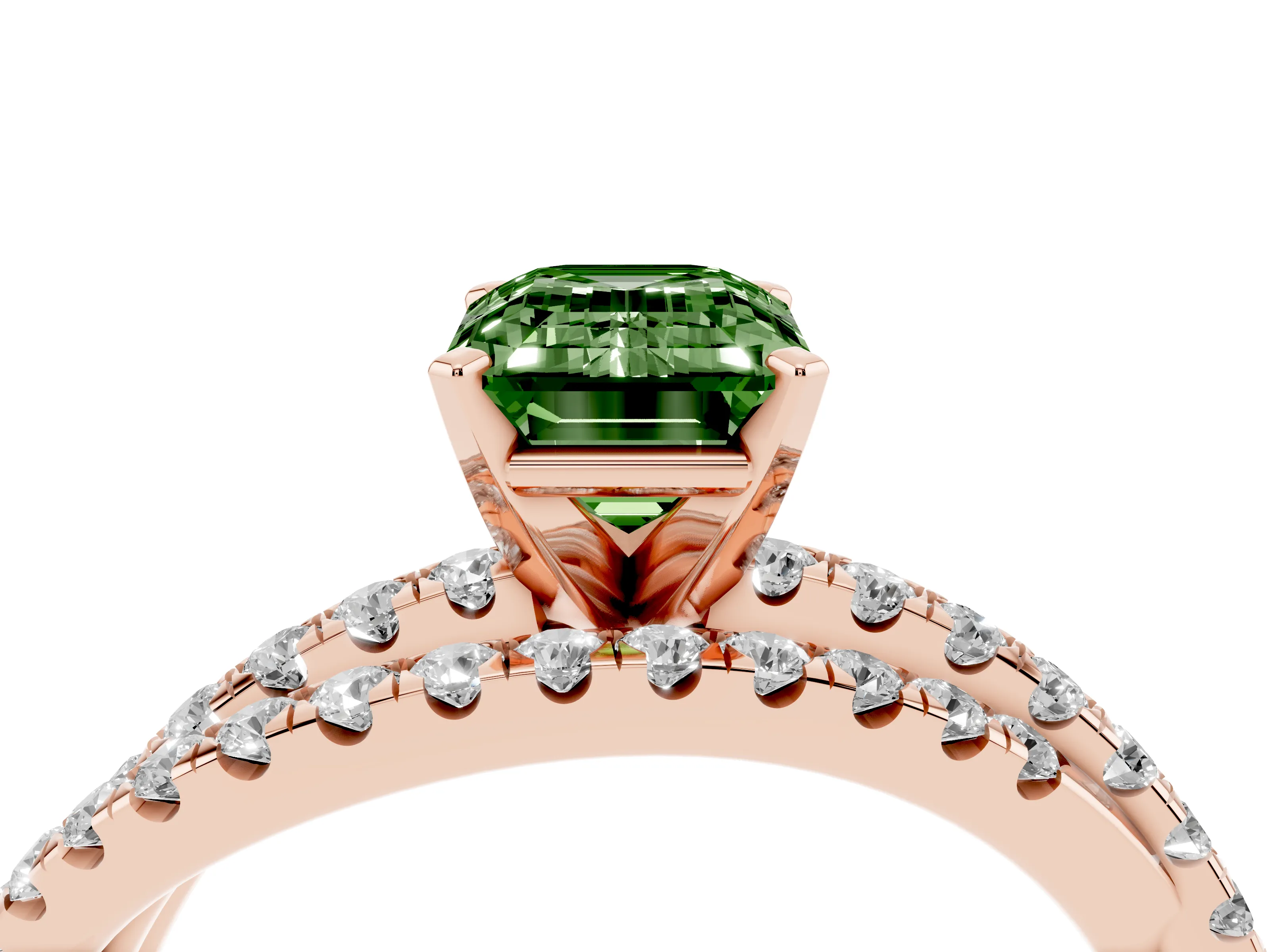 Fancy Green Emerald Cut Diamond Solitaire Twist Band Ring Set in Rose gold with Pavé Setting and Prong Head