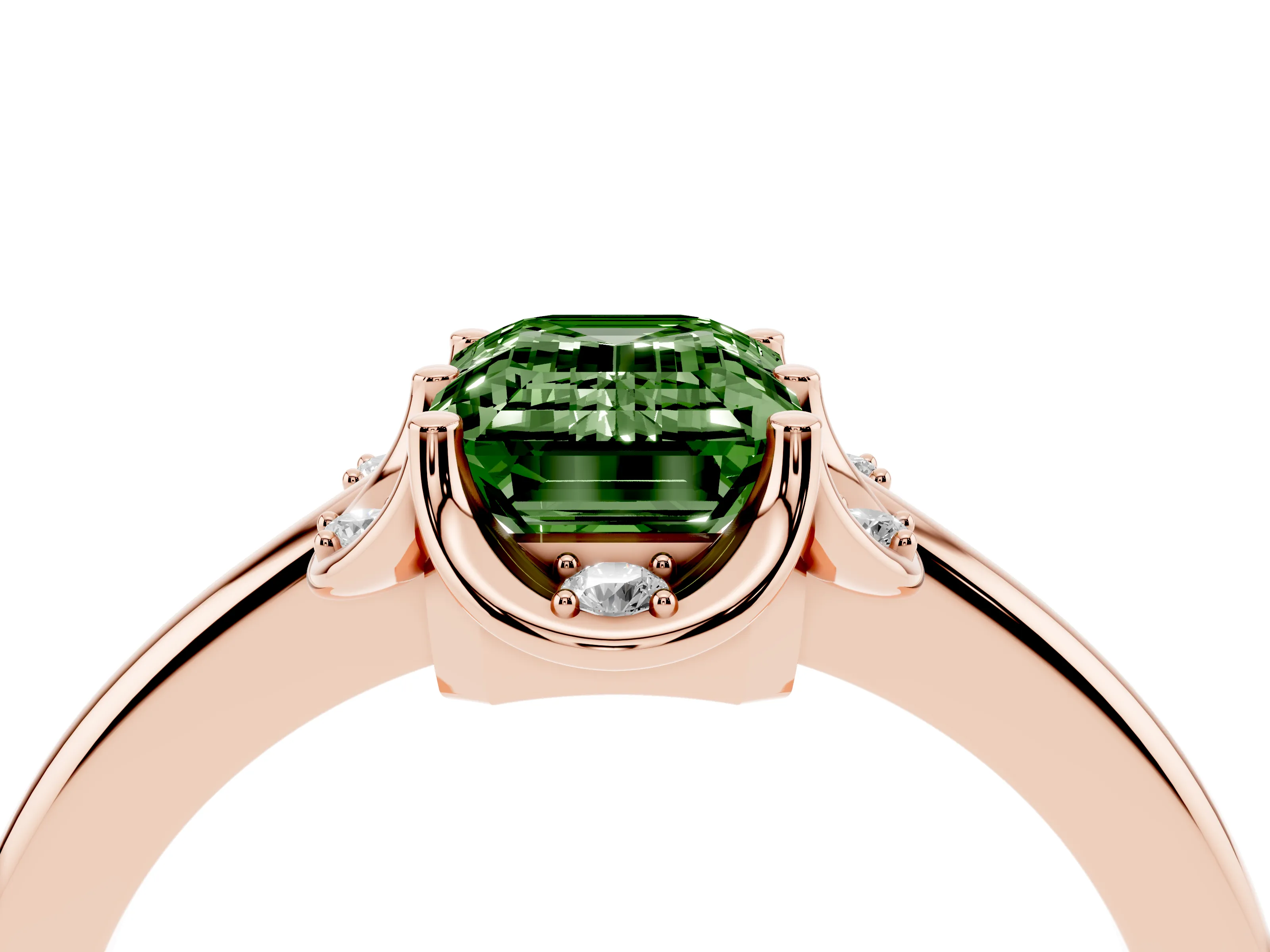 Fancy Green Emerald Cut Diamond Round Cluster Halo Ring Set in Rose gold with Solitaire Band and Prong Setting