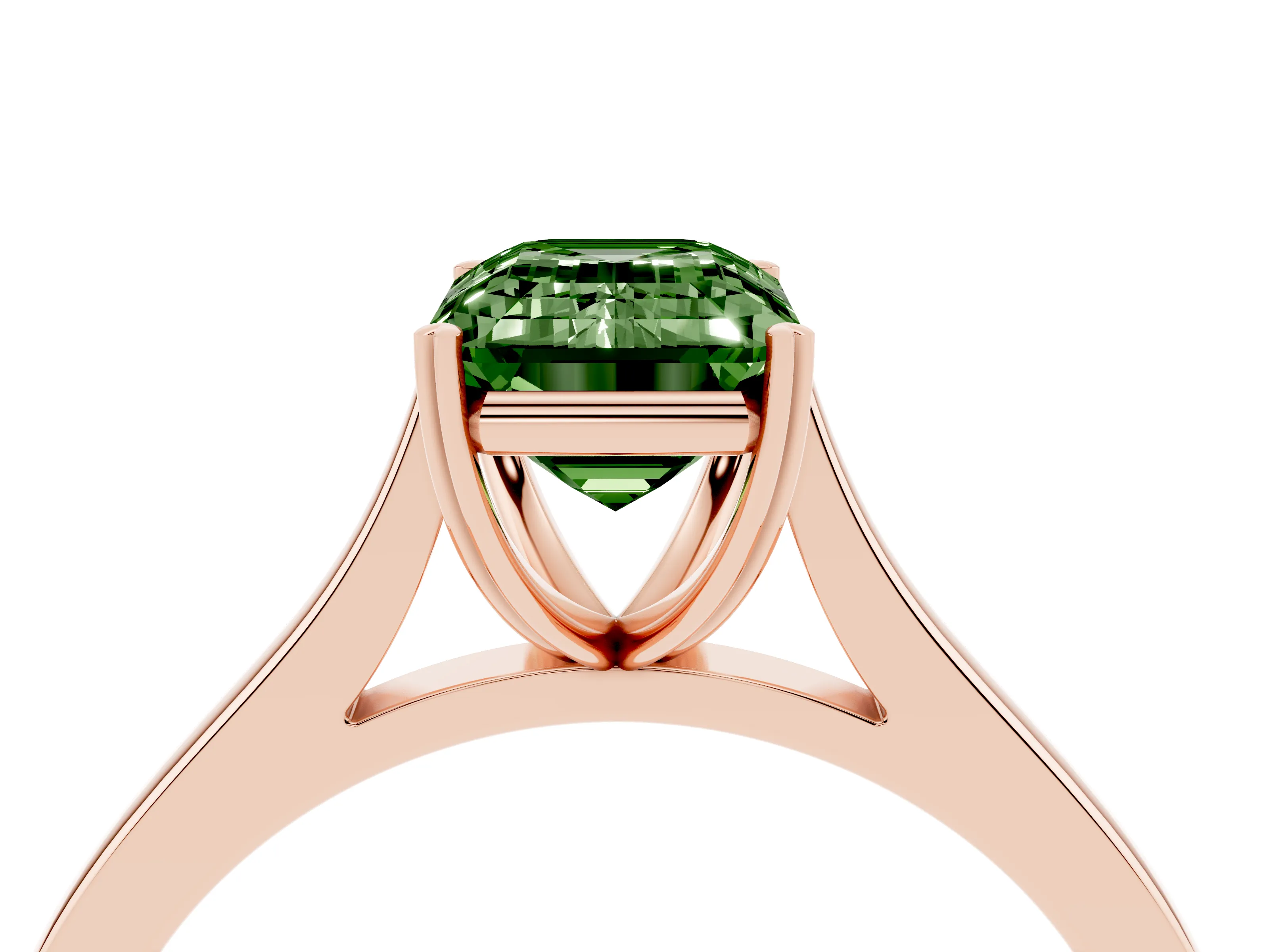 Fancy Green Emerald Cut Diamond Solitaire Heart Prong Engagement Ring Set in Rose gold with Tapered Band