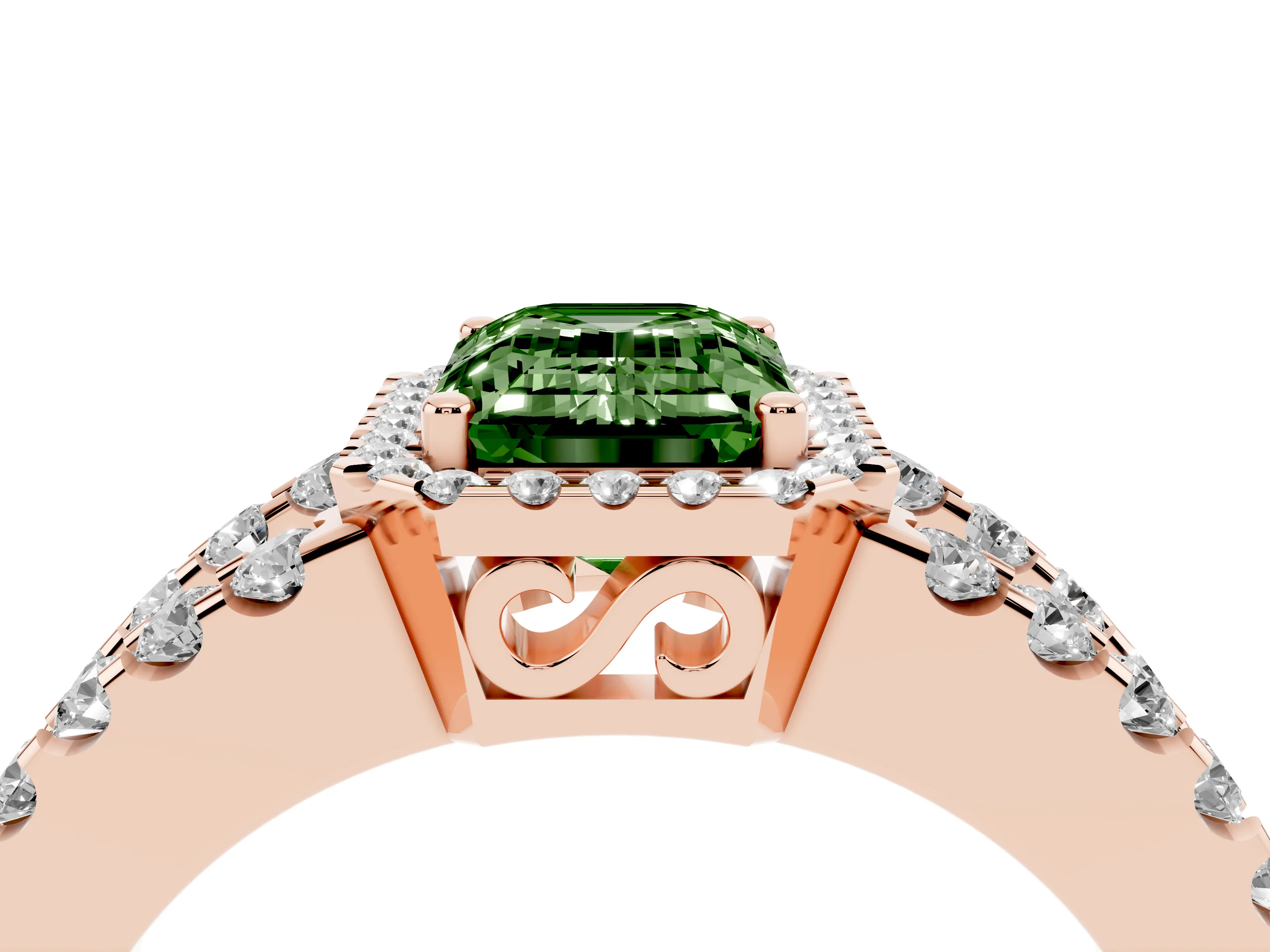 Fancy Green Emerald Cut Diamond Halo Ring Set in Rose gold with Pavé Split Shank and Prong Setting