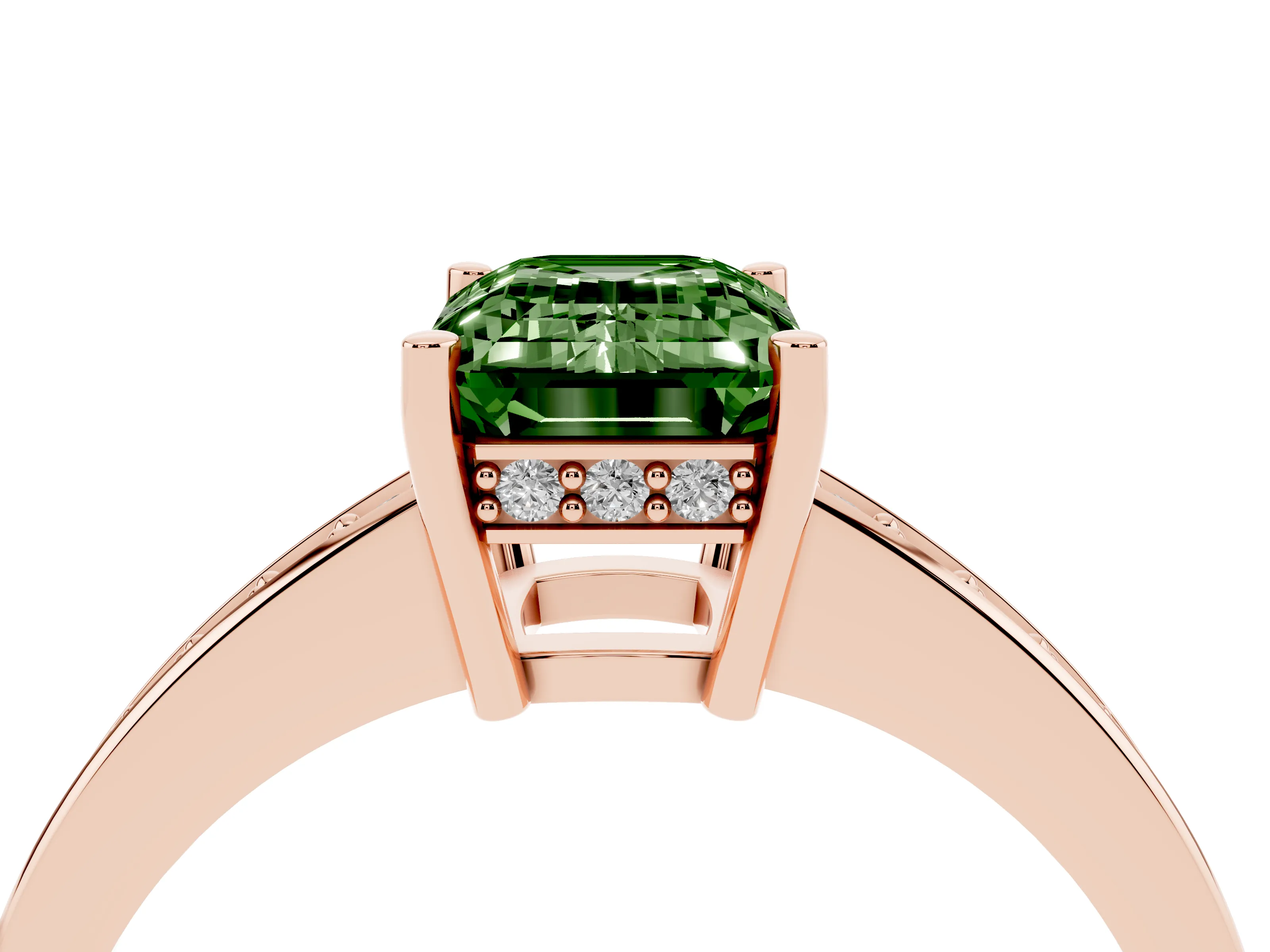 Fancy Green Emerald Cut Diamond Pavé Band Prong Set Solitaire Ring Set in Rose gold
