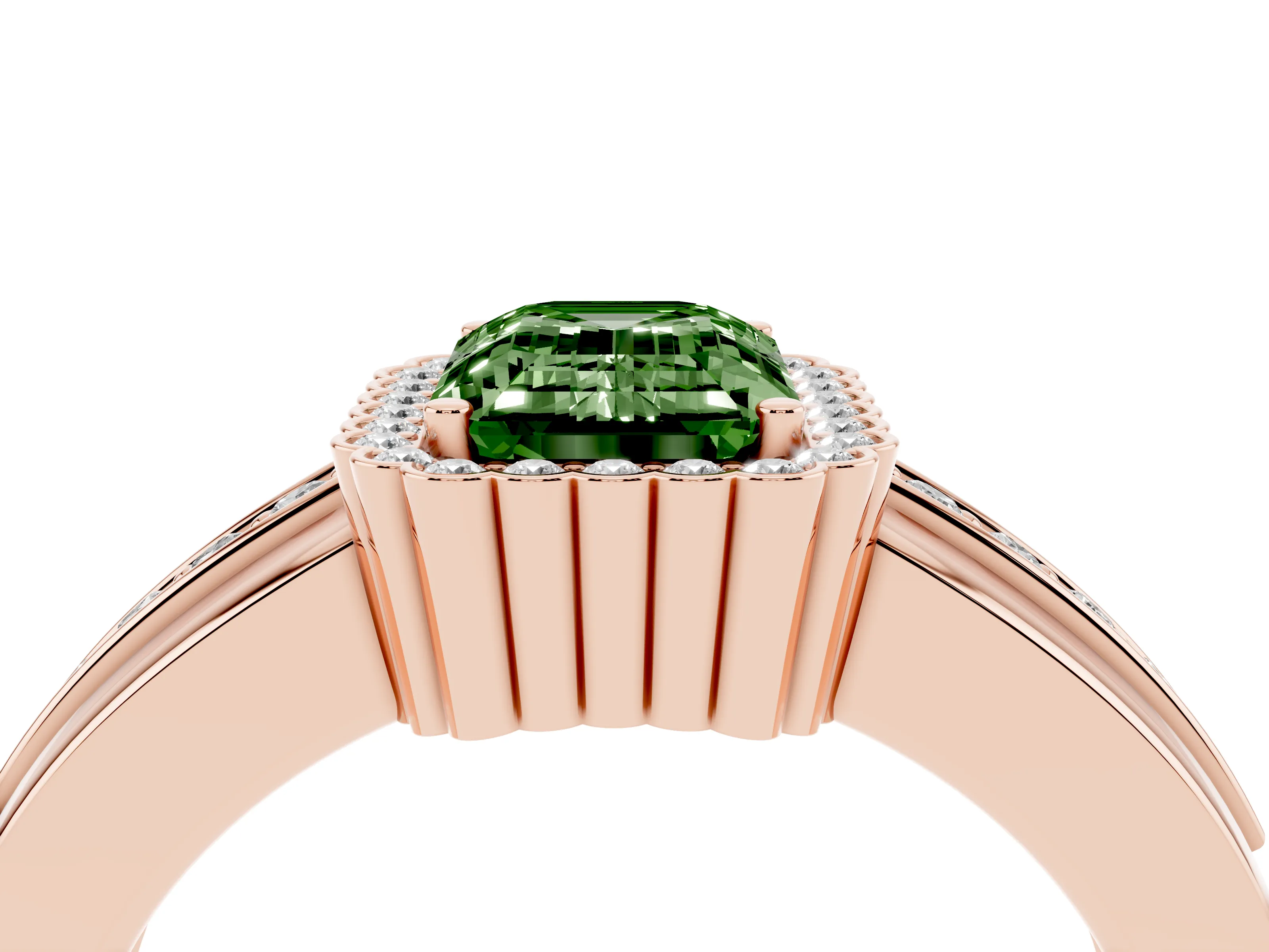 Fancy Green Emerald Cut Diamond Halo Prong Ring Set in Rose gold with Pavé Band