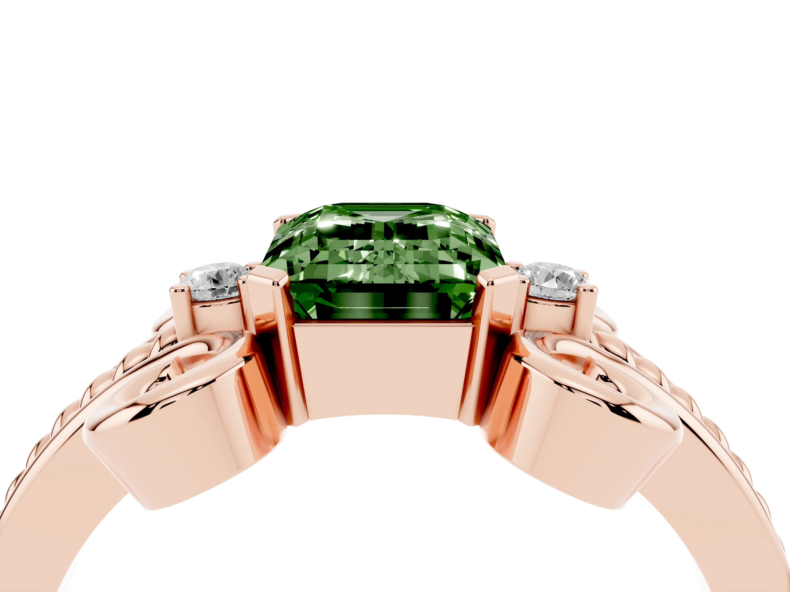 Fancy Green Emerald Cut Diamond Twisted Band Solitaire Ring Set in Rose gold with Scroll Prongs