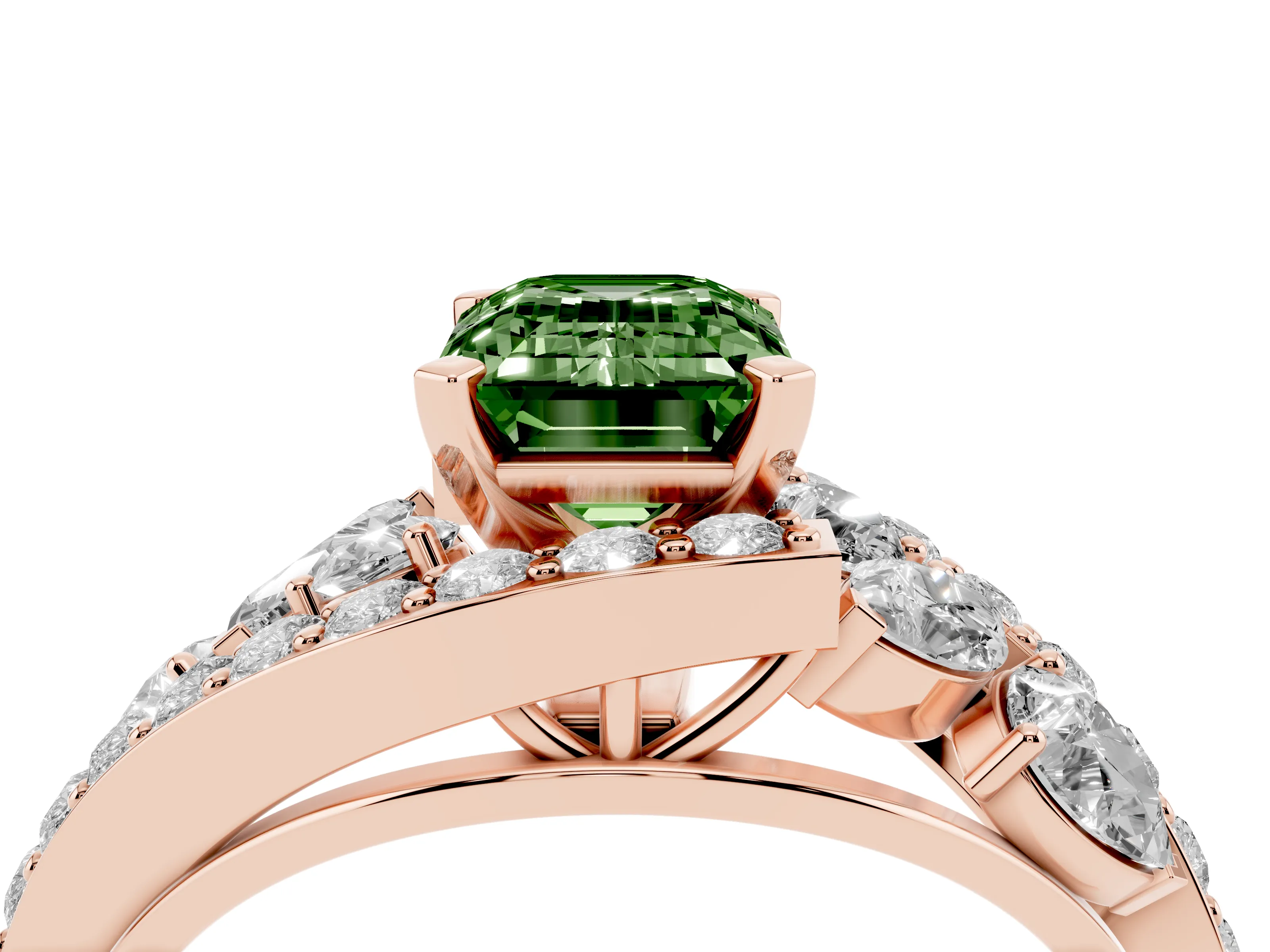Fancy Green Emerald Cut Diamond Halo Ring Set in Rose gold with Marquise and Pavé Band in Prong Setting