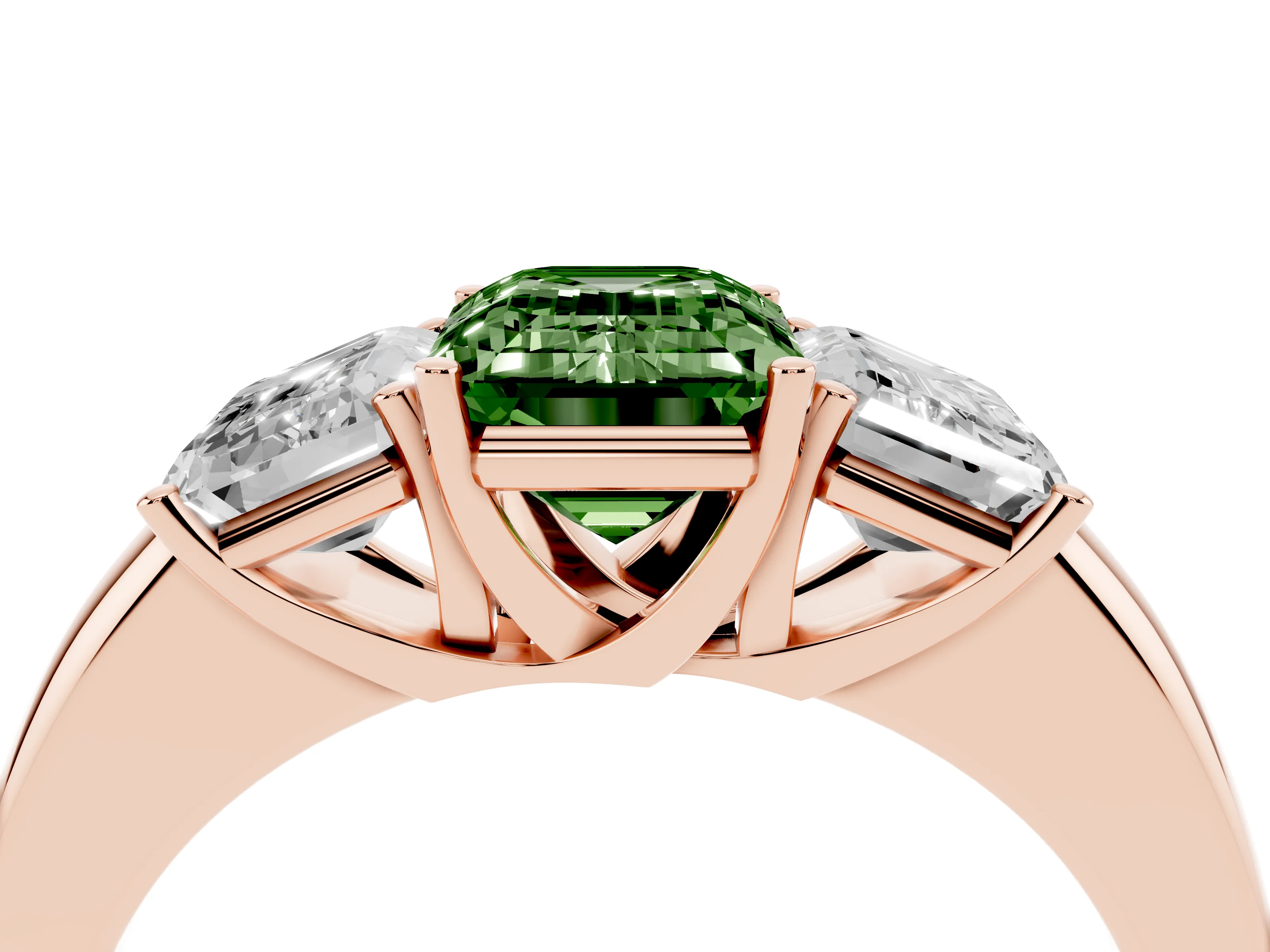 Fancy Green Emerald Cut Diamond Three-Stone Ring Set in Rose gold with Bold Center and Classic Band
