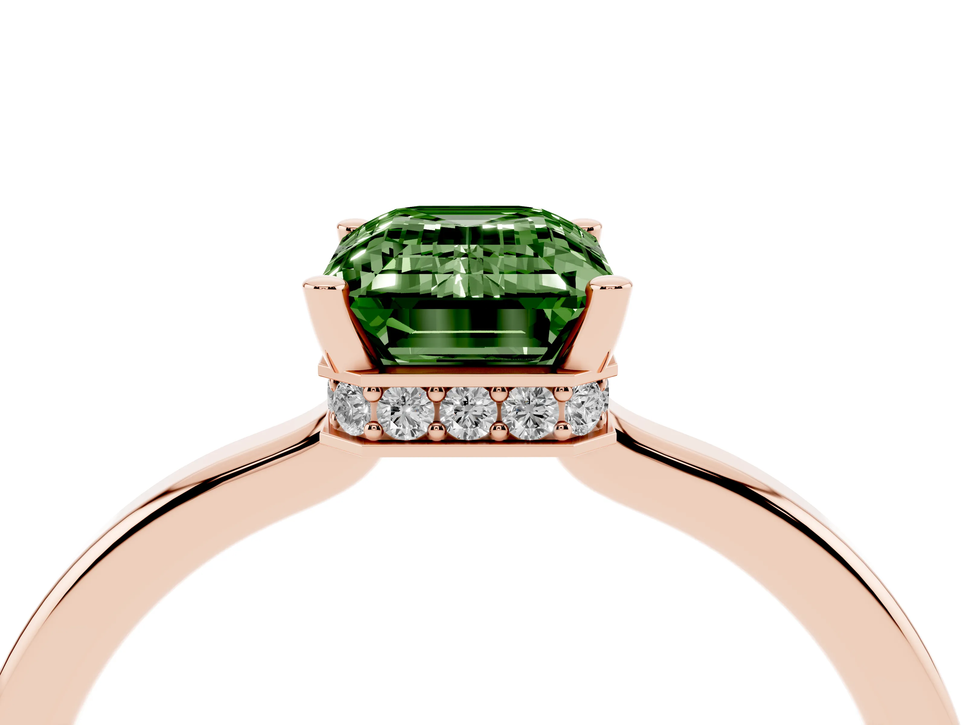 Fancy Green Emerald Cut Diamond Solitaire Engagement Ring Set in Rose gold with Prong Setting on a Plain Band