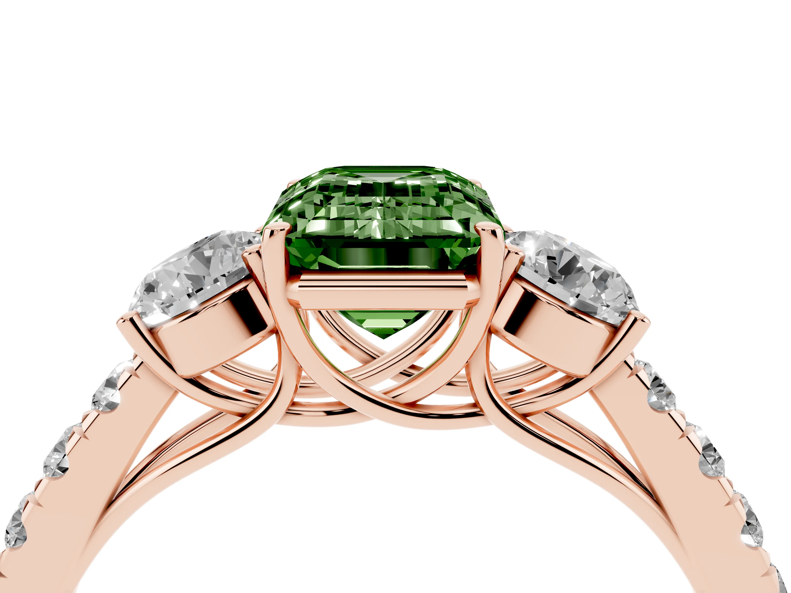 Fancy Green Emerald Cut Diamond Three-Stone Ring Set in Rose gold with Round Side Stones and Delicate Pavé Band