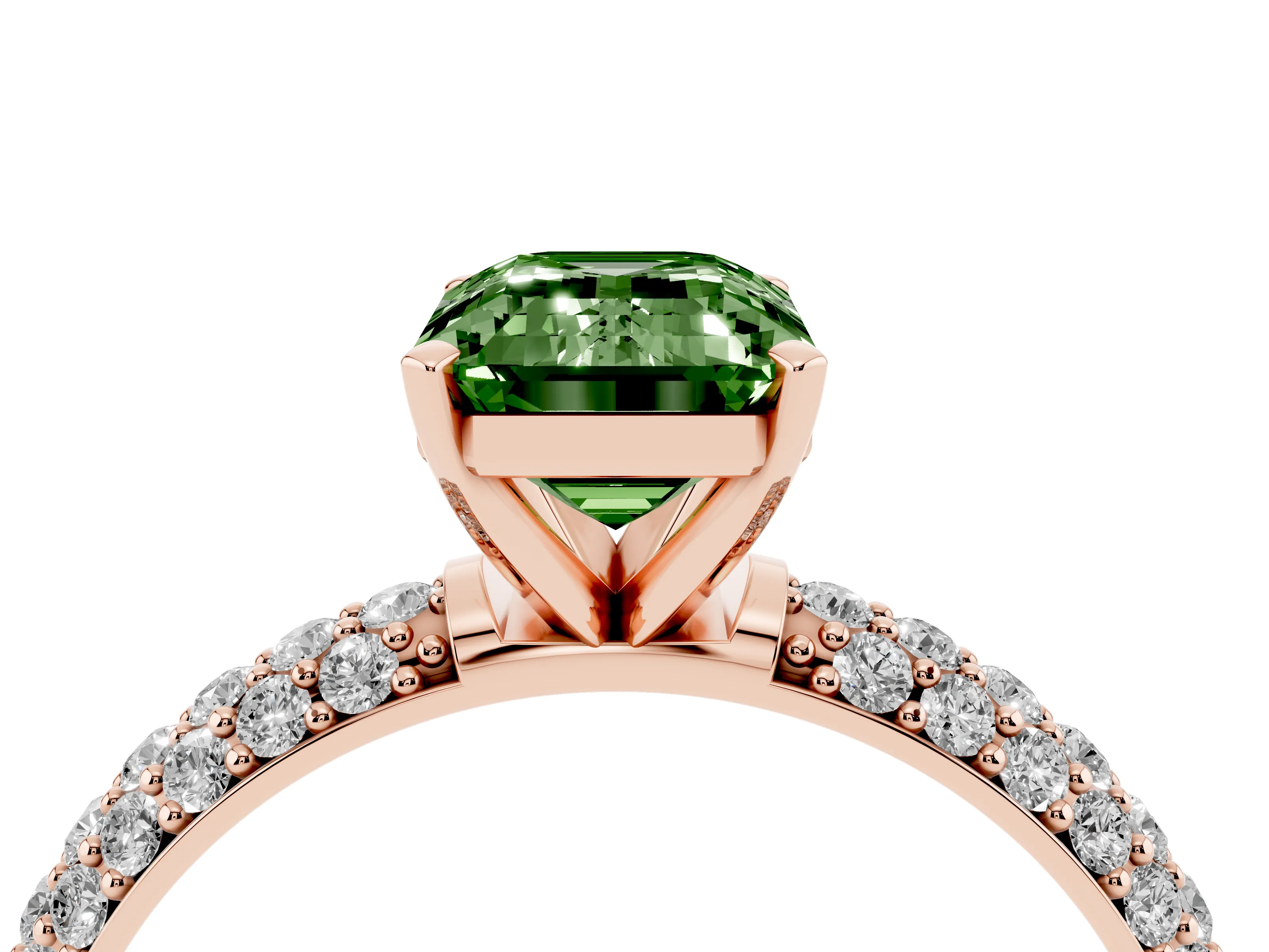 Fancy Green Emerald Cut Diamond Solitaire Ring Set in Rose gold with Prong Setting and Pavé-Set Band