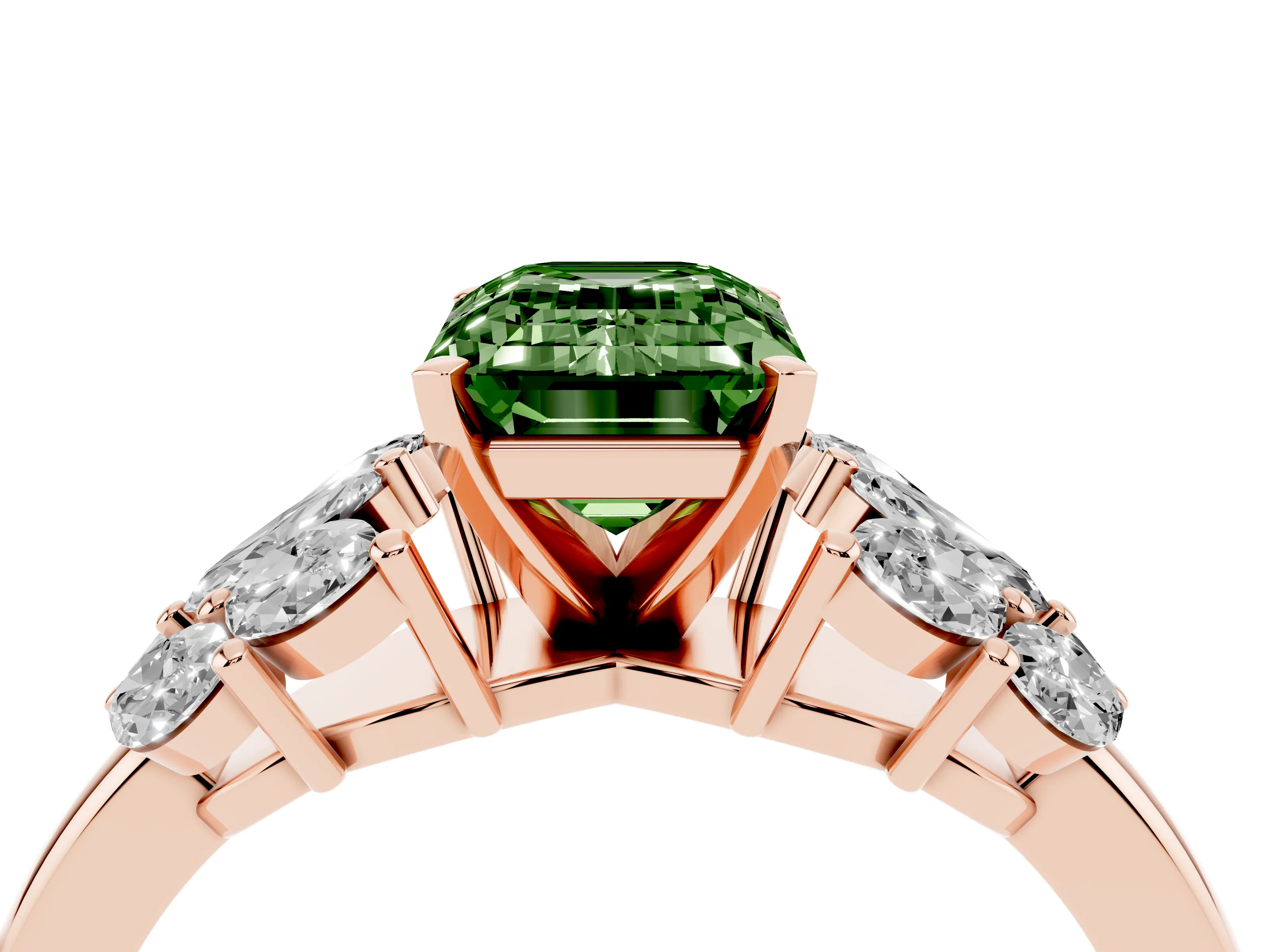 Fancy Green Emerald Cut Diamond Cluster Leaf Design Ring Set in Rose gold with Prong Setting