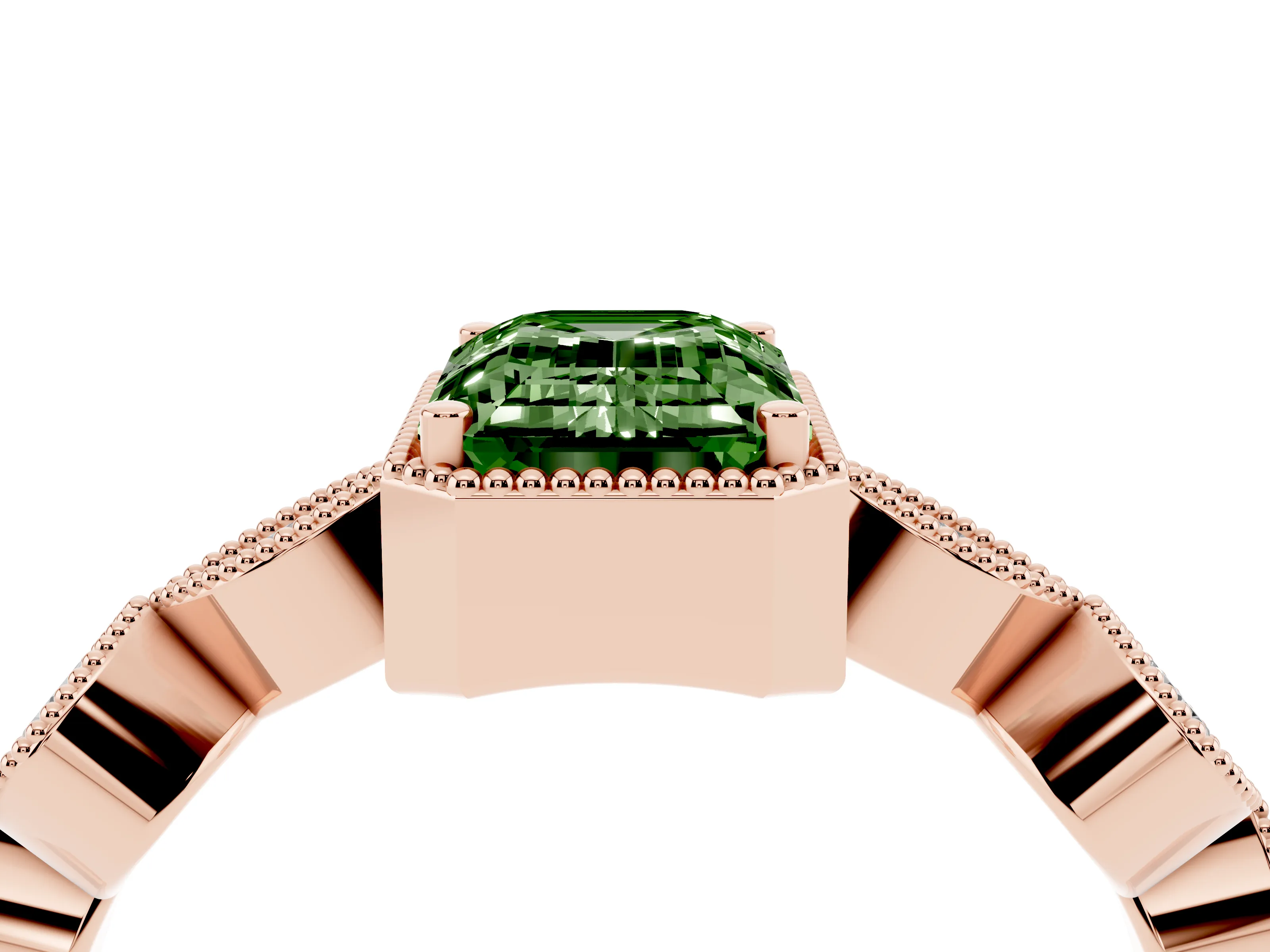 Fancy Green Emerald Cut Diamond Vintage-Inspired Milgrain Ring Set in Rose gold with Marquise Stations of Round Accents