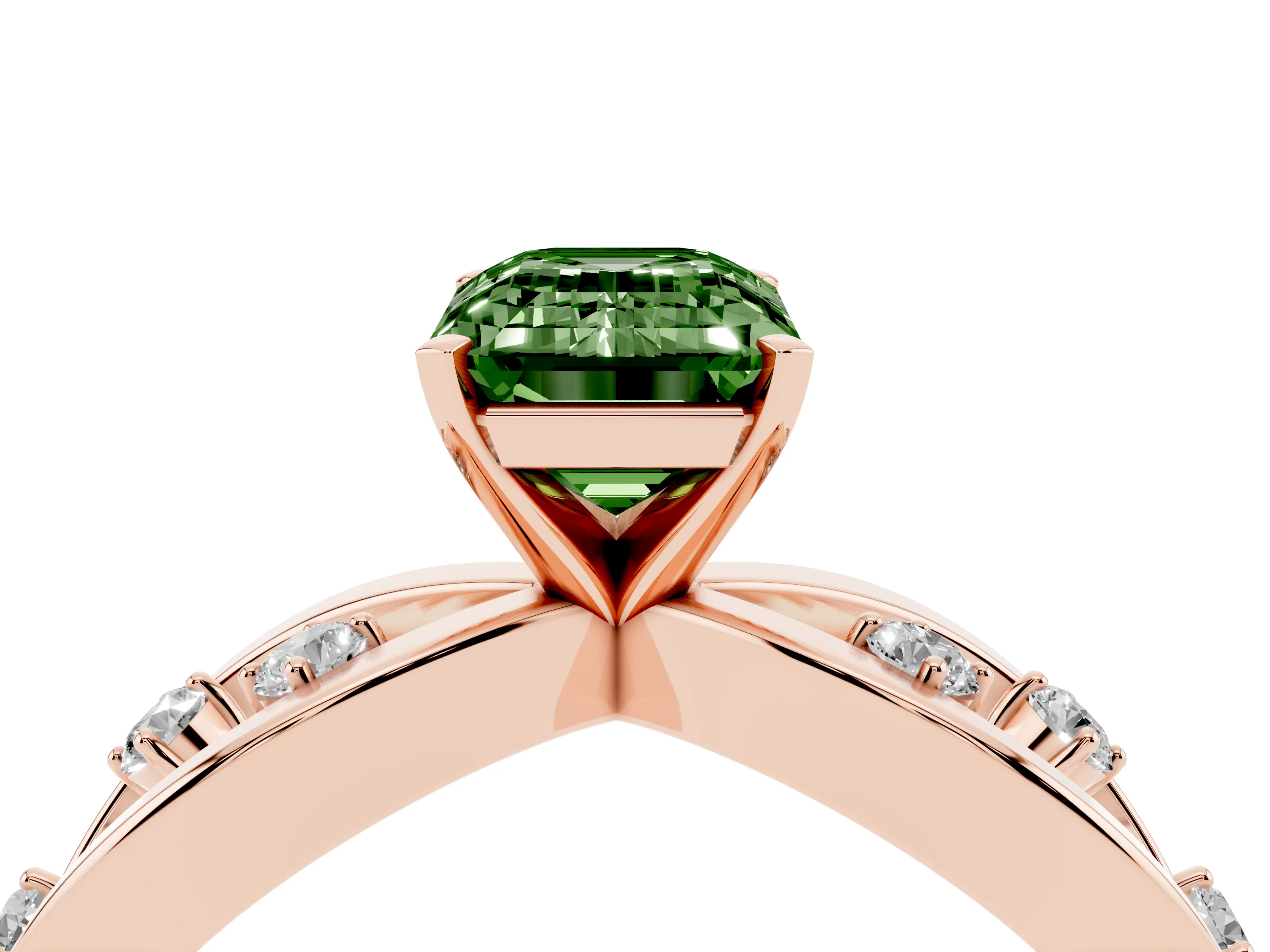 Fancy Green Emerald Cut Diamond Solitaire Ring Set in Rose gold with Side Stones on Criss-Cross Band and Prong Setting