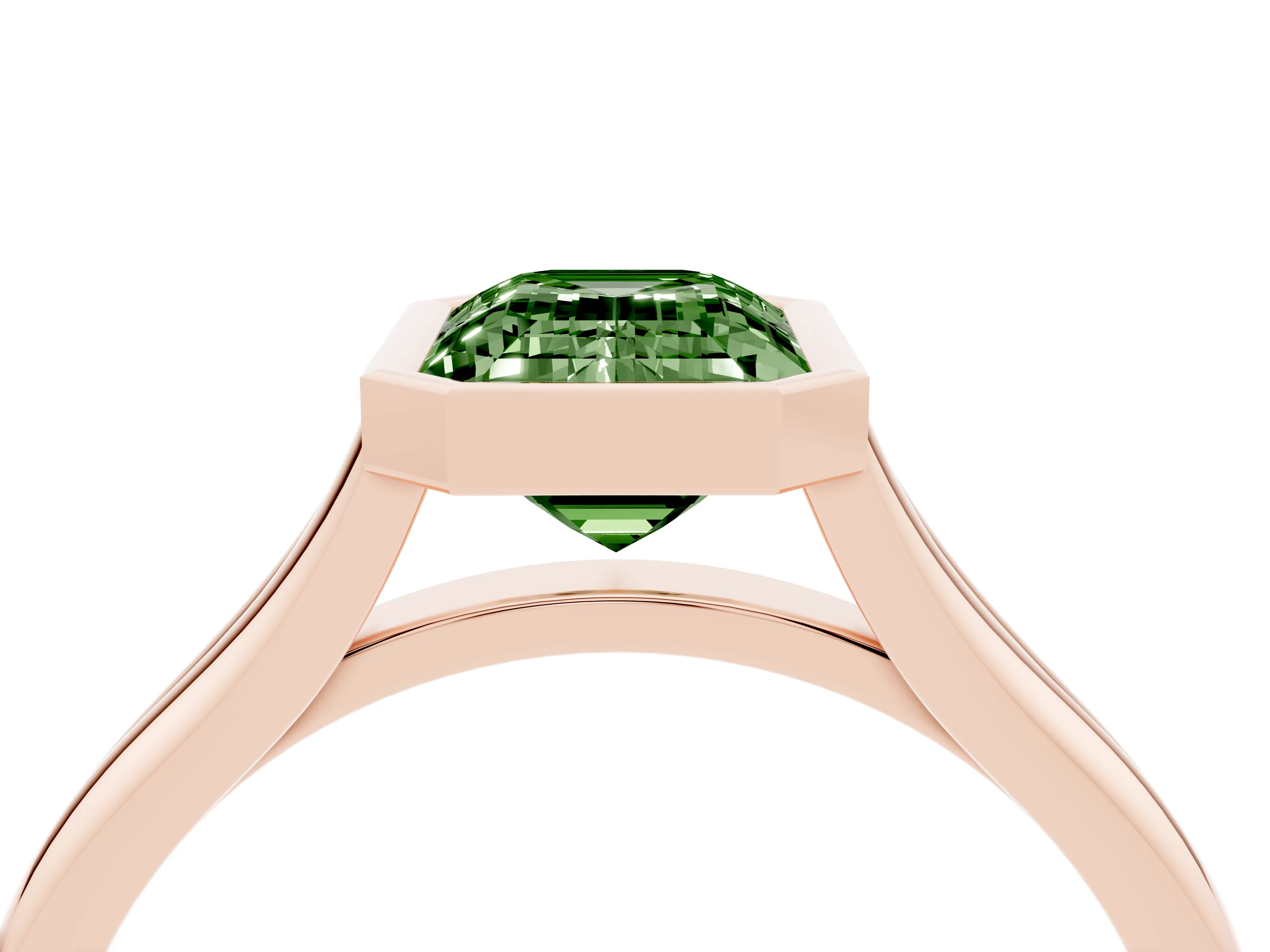 Fancy Green Bezel Set Emerald Cut Diamond Solitaire Ring Set in Rose gold with Tapered Band