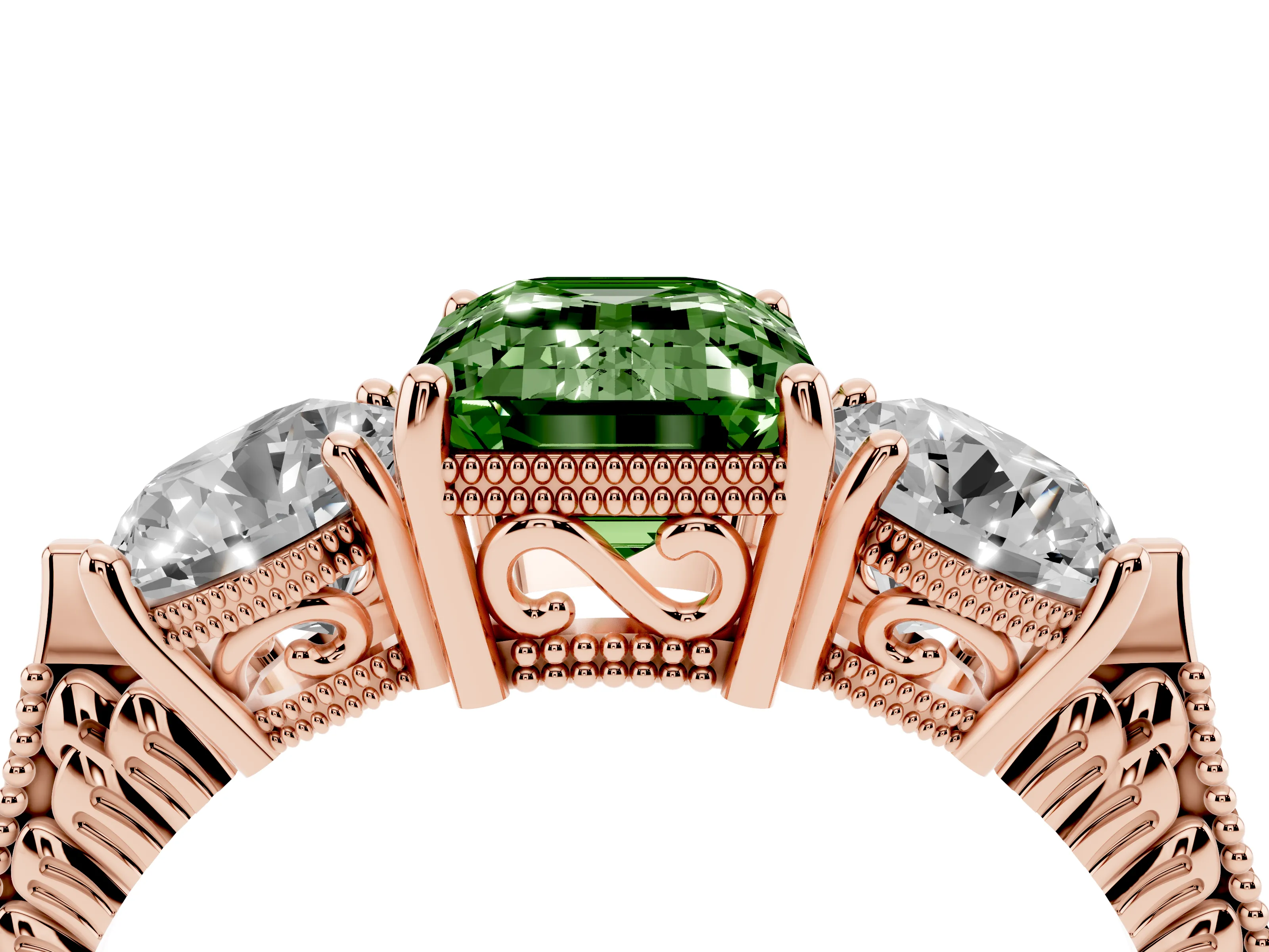 Fancy Green Emerald Cut Diamond Three-Stone Ring Set in Rose gold with Milgrain Band