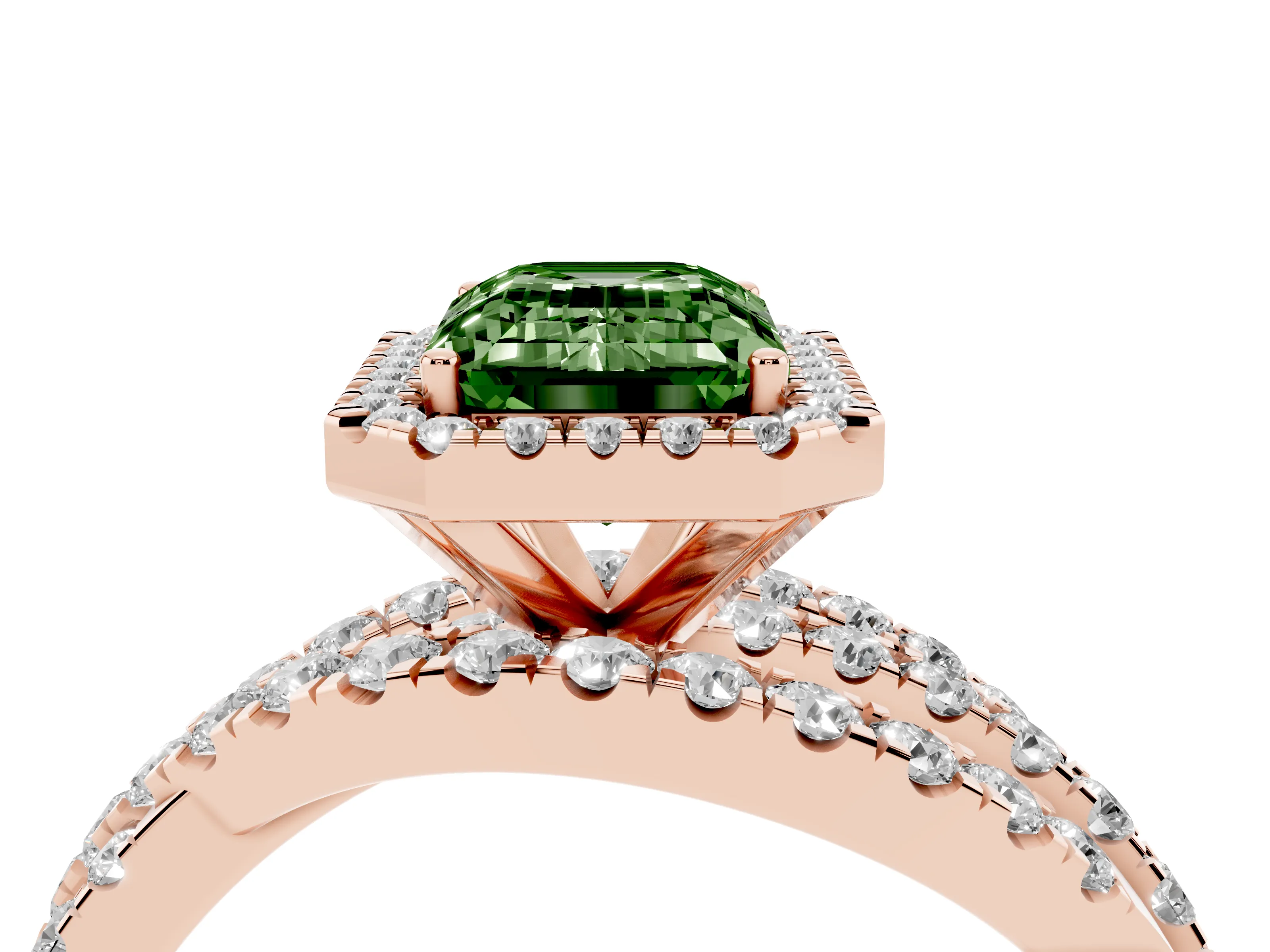 Fancy Green Emerald Cut Diamond Halo Ring Set in Rose gold with Round Crossover Split Shank and Prong Setting