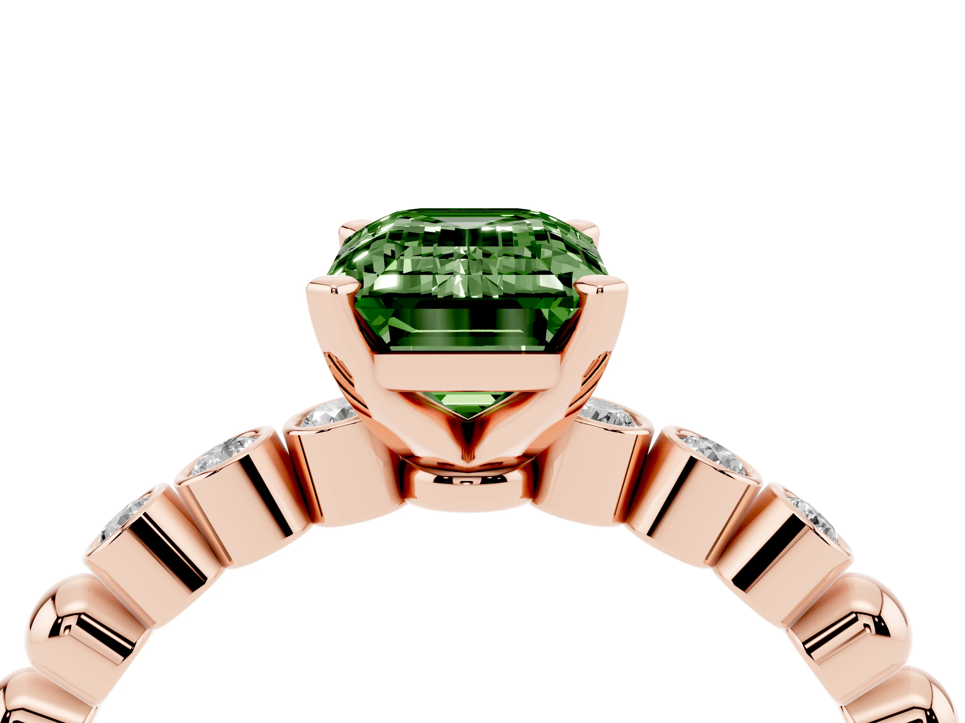 Fancy Green Emerald Cut Diamond Solitaire Engagement Ring Set in Rose gold with Bezel Accents on Beaded Band