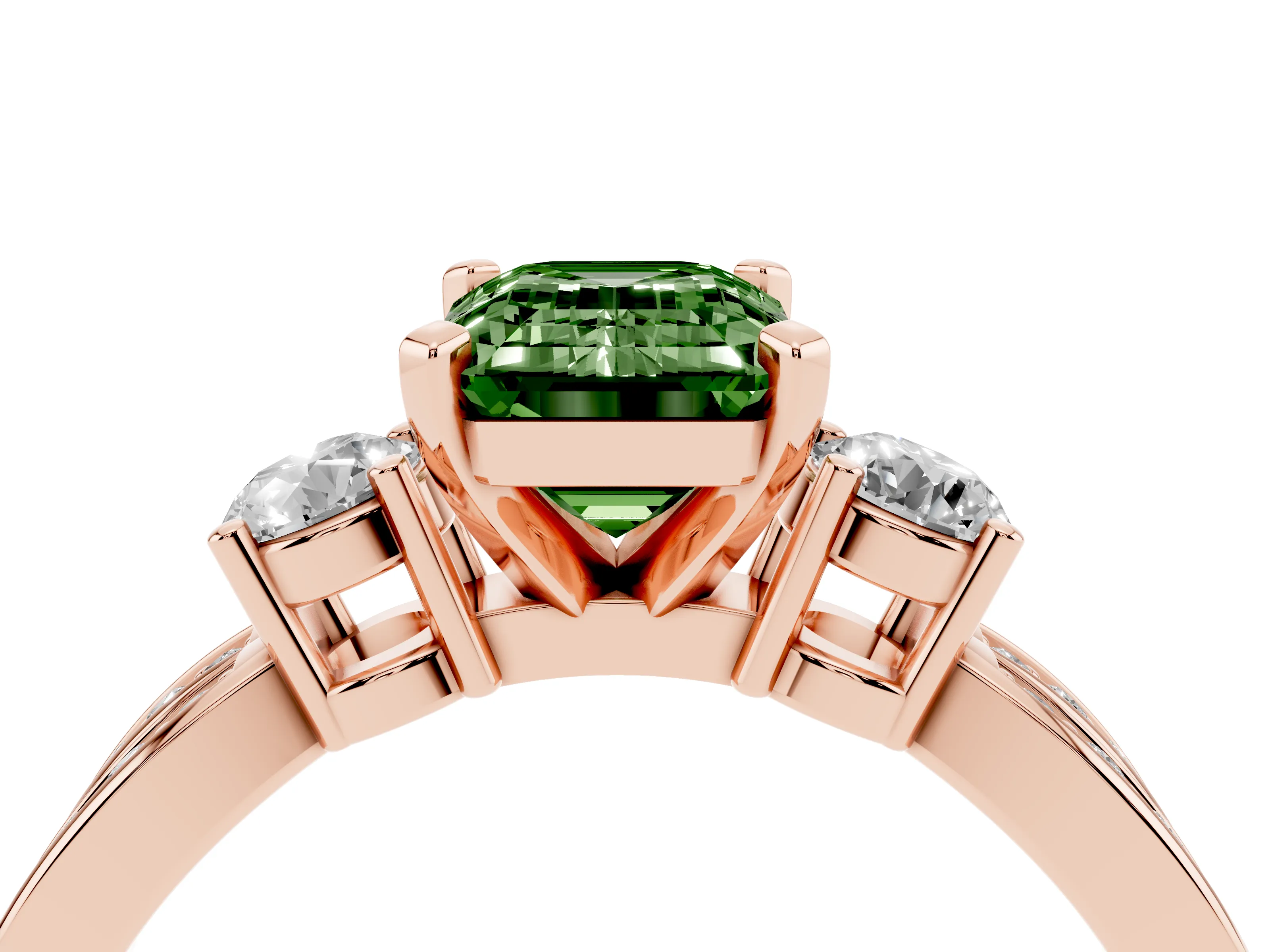 Fancy Green Three-Stone Emerald Cut Diamond Twist Band Ring Set in Rose gold with Pavé Accents and Prong Setting