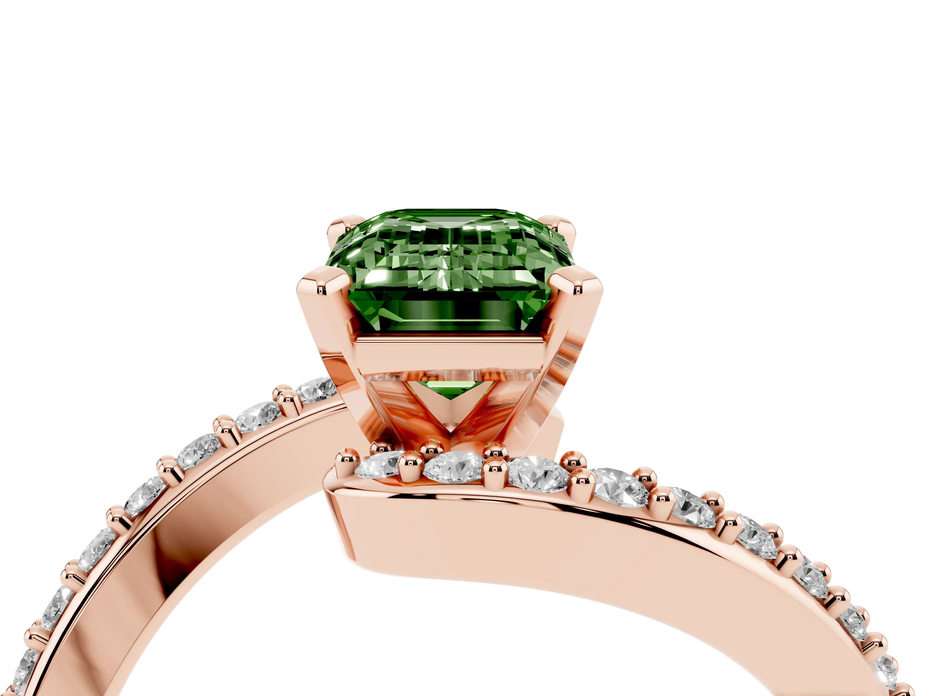 Fancy Green Emerald Cut Diamond Solitaire Ring Set in Rose gold with Pavé Twist Band and Prong Setting