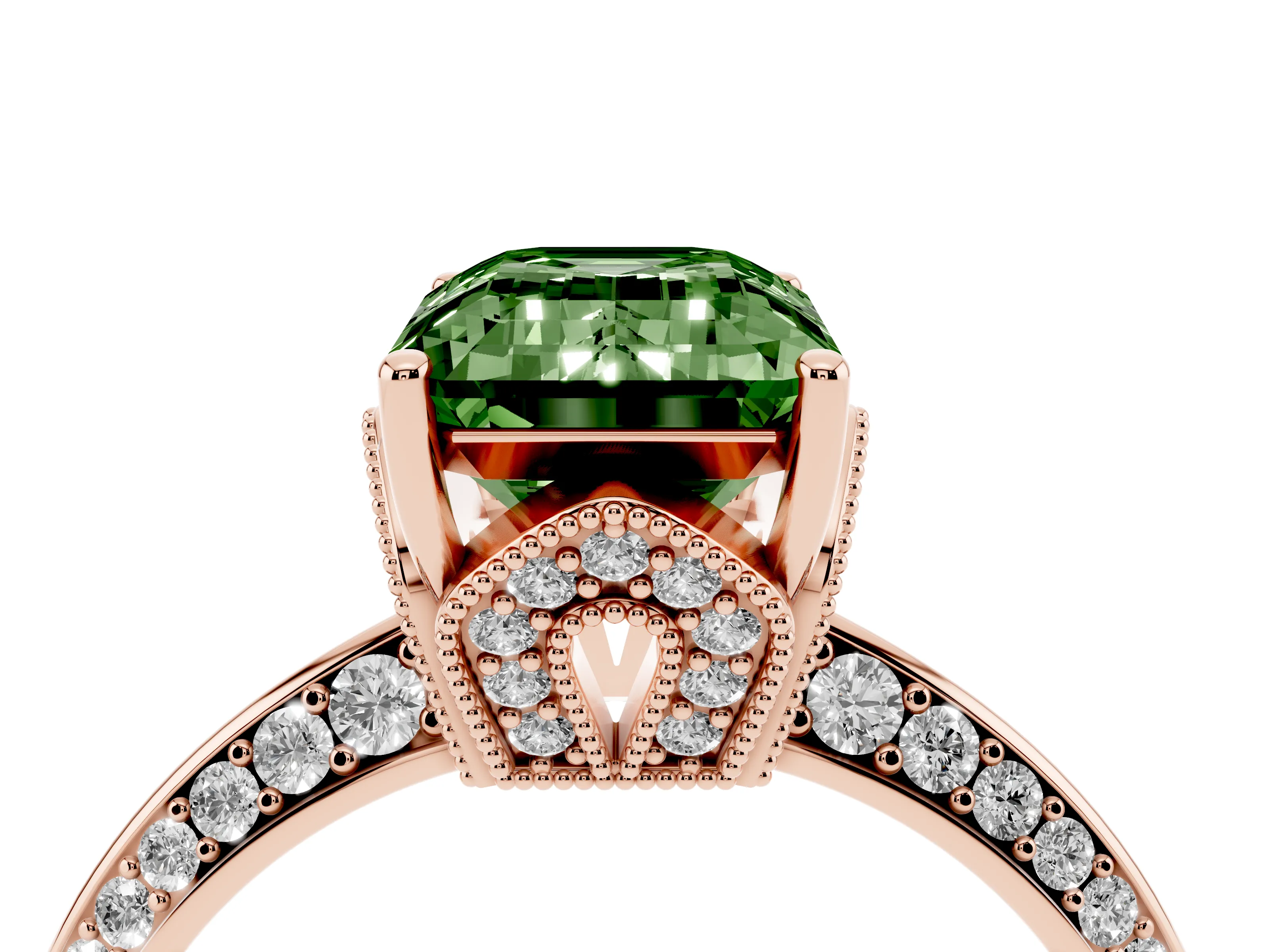 Fancy Green Emerald Cut Diamond Solitaire Engagement Ring Set in Rose gold with Pavé Split Shank and Prong Setting