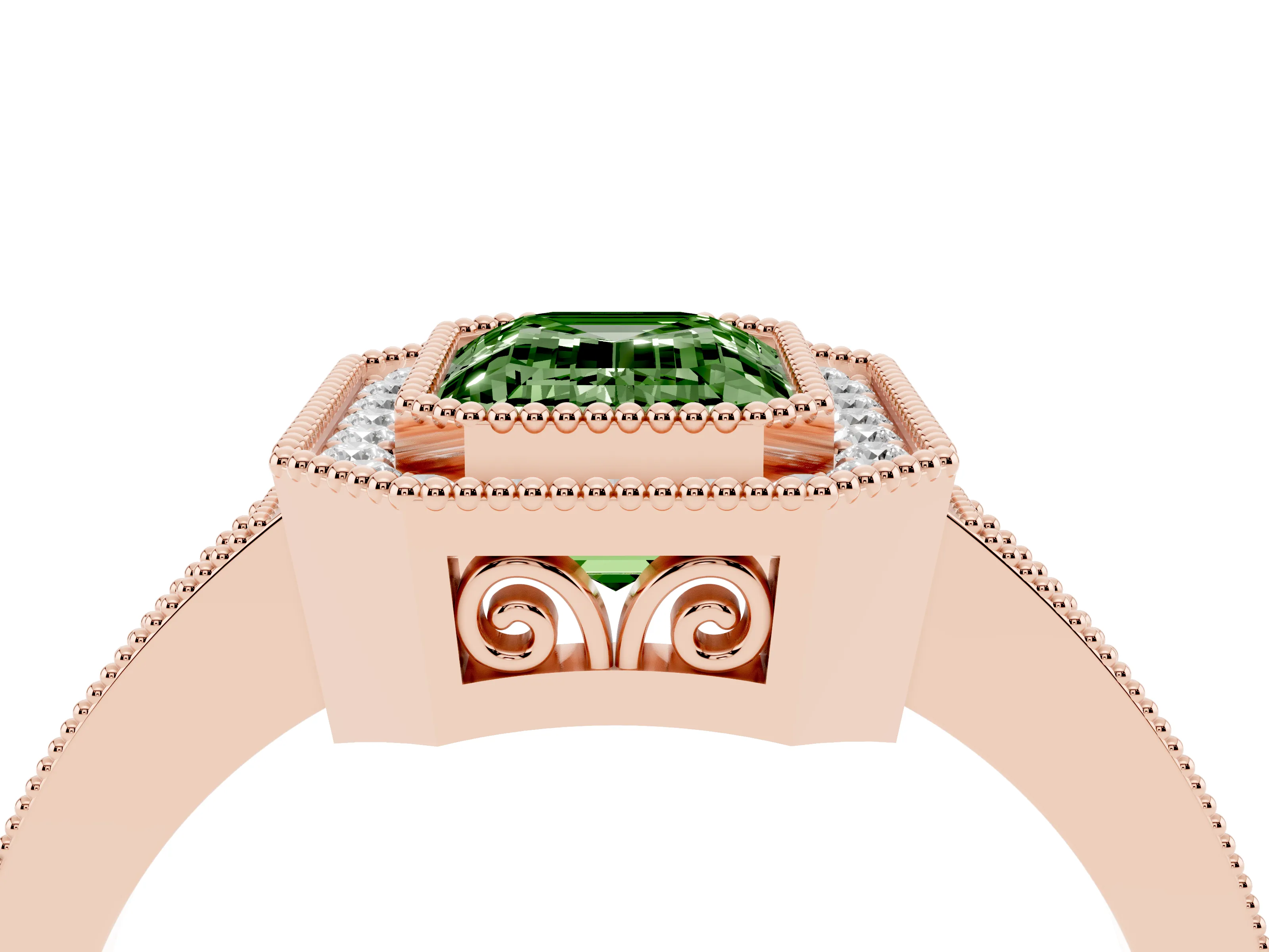 Fancy Green Emerald Cut Diamond Halo Ring Set in Rose gold with Pavé Band and Milgrain-Edged Prongs