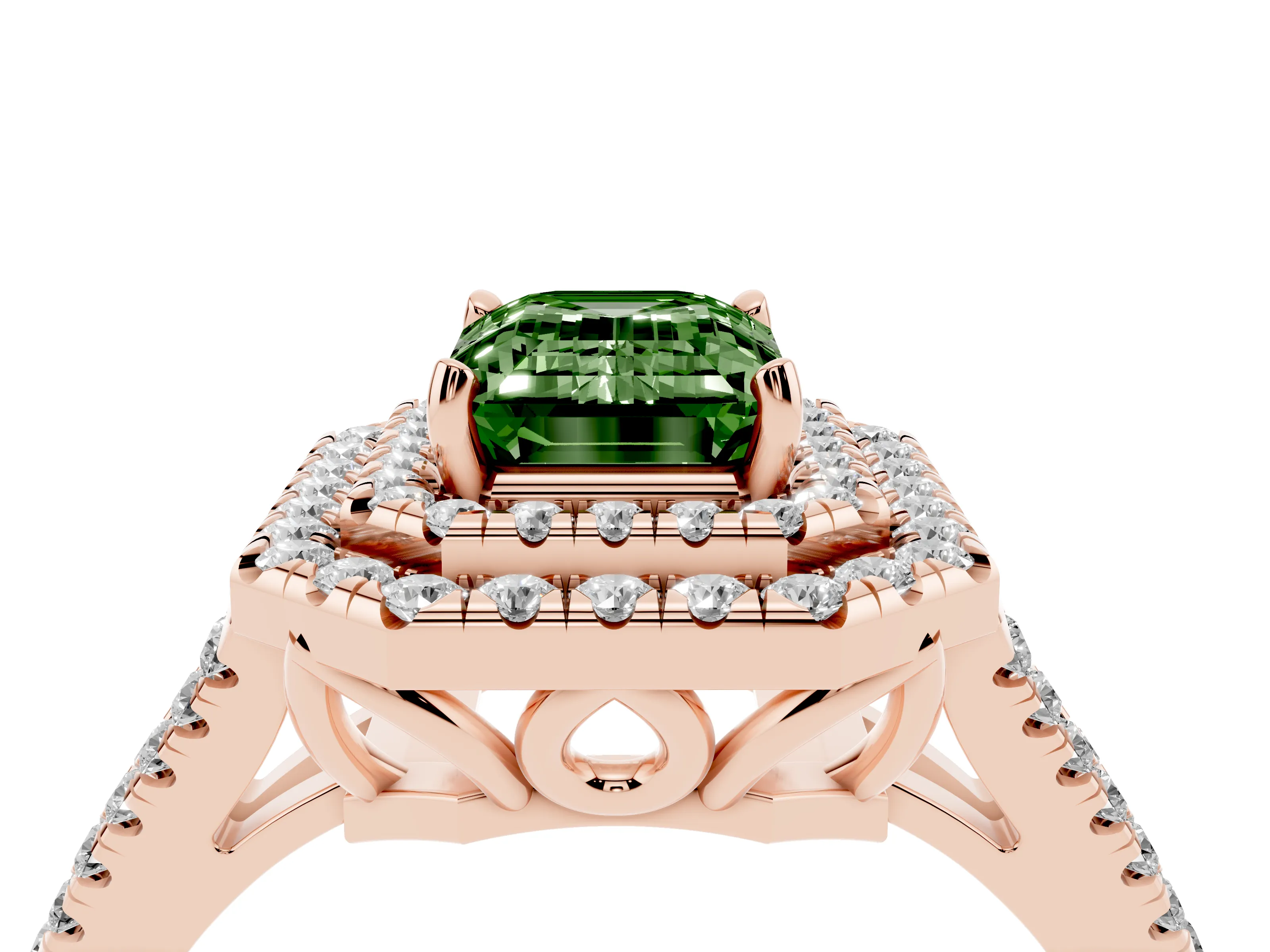 Fancy Green Emerald Cut Diamond Double Halo Ring Set in Rose gold with Pavé Band