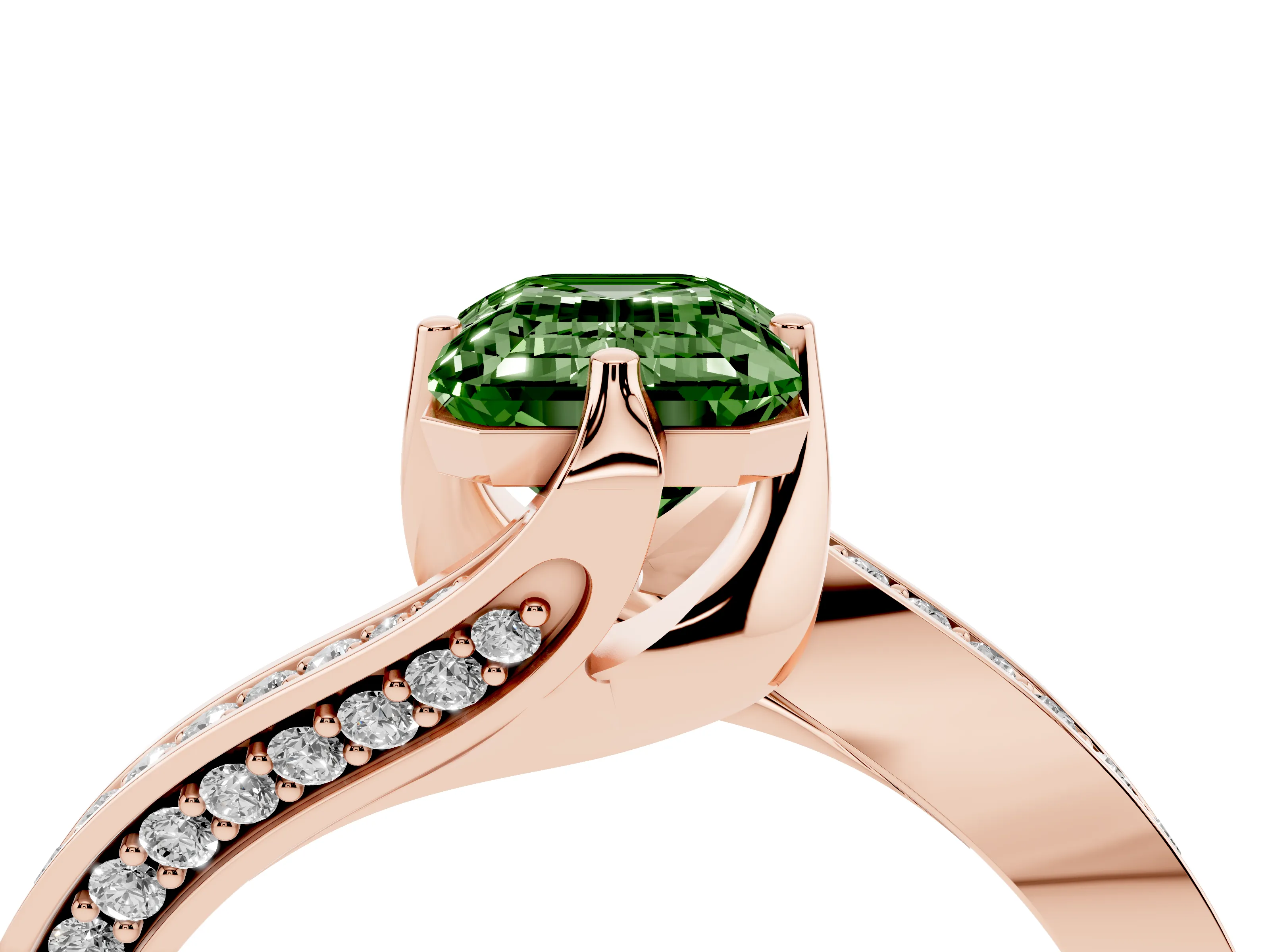Fancy Green Emerald Cut Diamond Solitaire Ring Set in Rose gold with Intertwined Pavé Twist Band