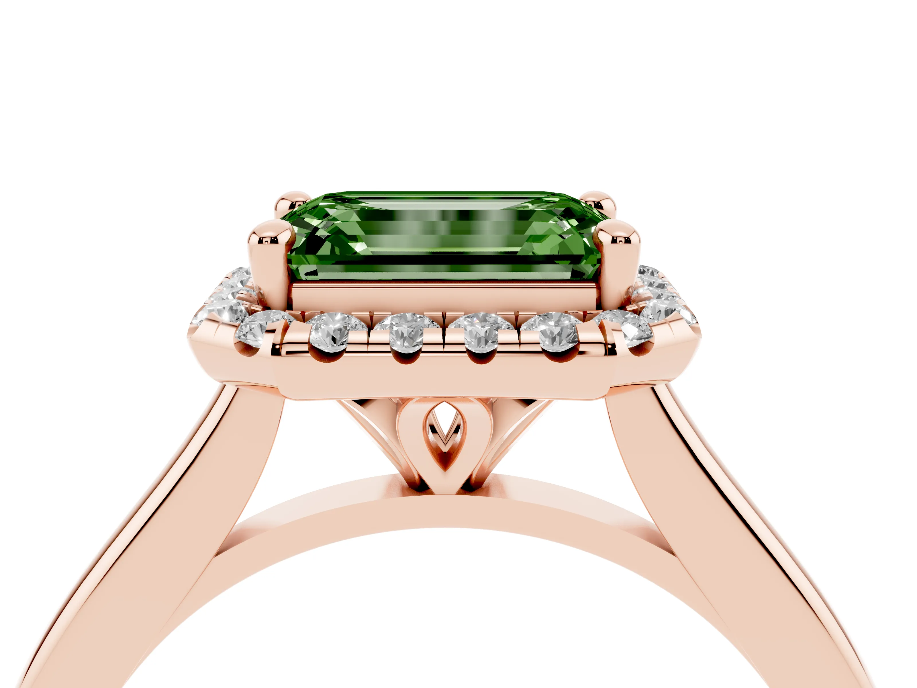 Fancy Green Emerald Cut Diamond Halo Engagement Ring Set in Rose gold with Pavé Band and Rising Shoulders