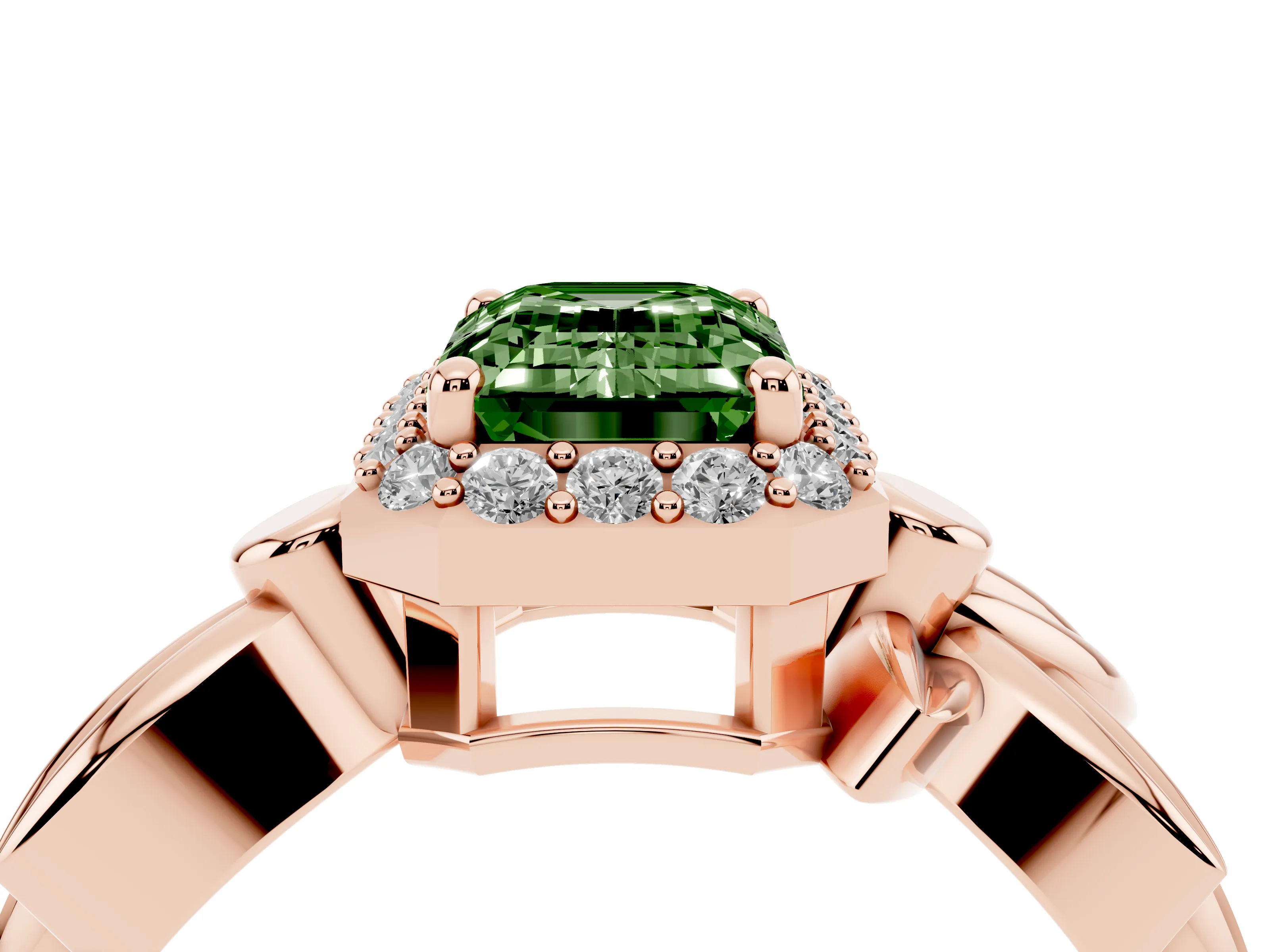 Fancy Green Emerald Cut Diamond Halo Floral Band Ring Set in Rose gold with Prong Setting