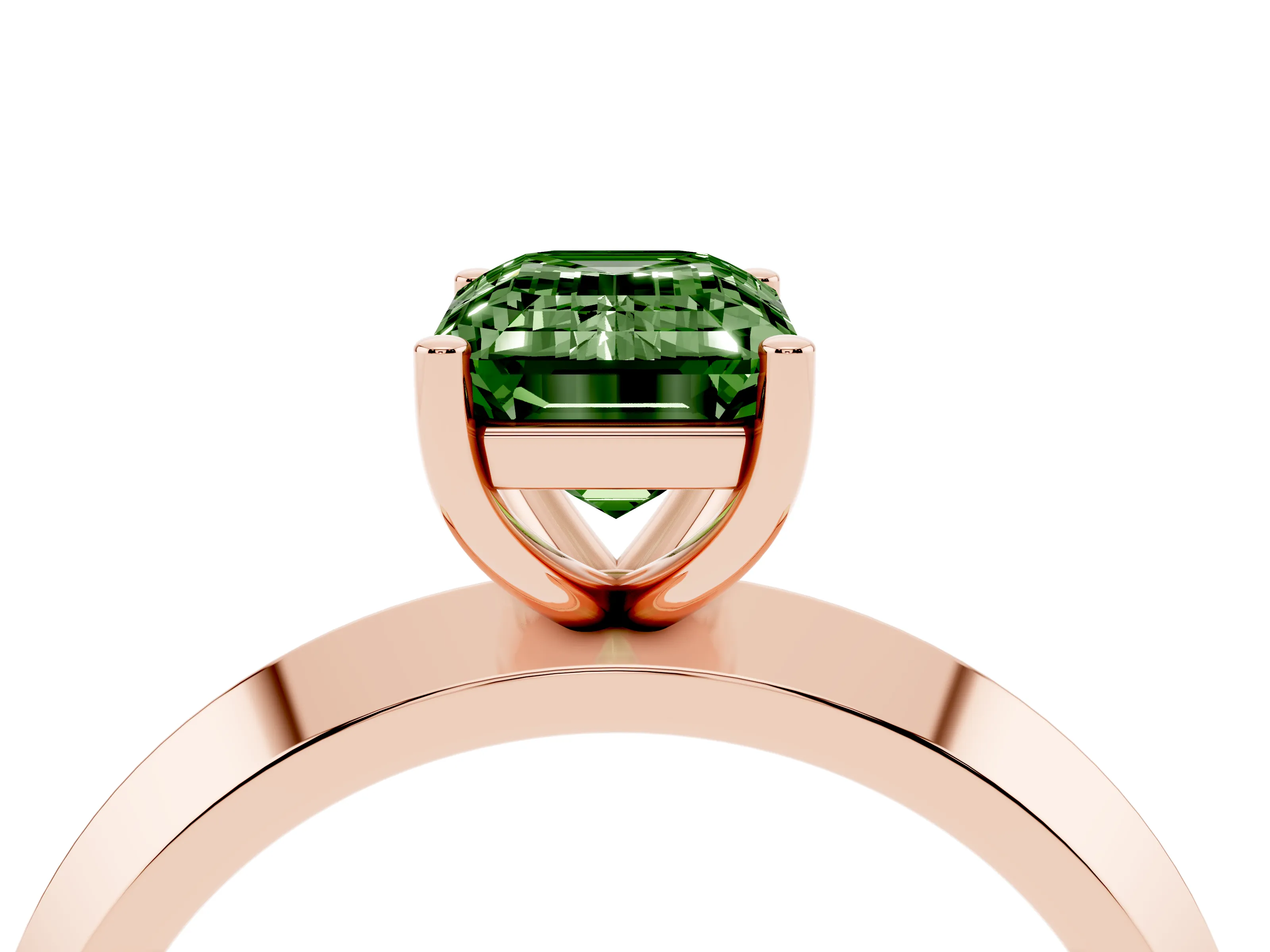 Fancy Green Emerald Cut Diamond Solitaire Engagement Ring Set in Rose gold with Flat Band and Prong Setting