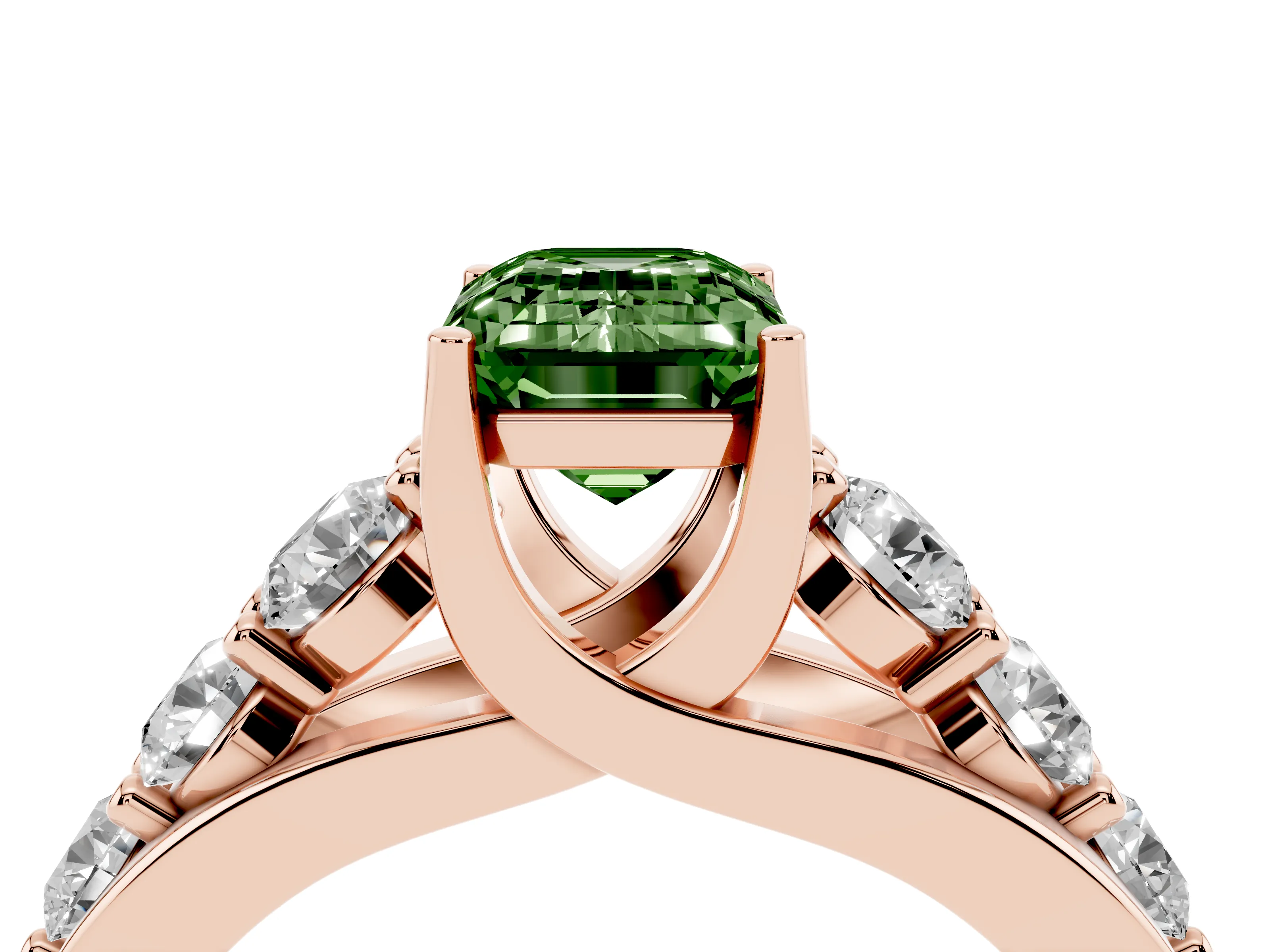 Fancy Green Emerald Cut Diamond Pavé Engagement Ring Set in Rose gold with Prong Setting